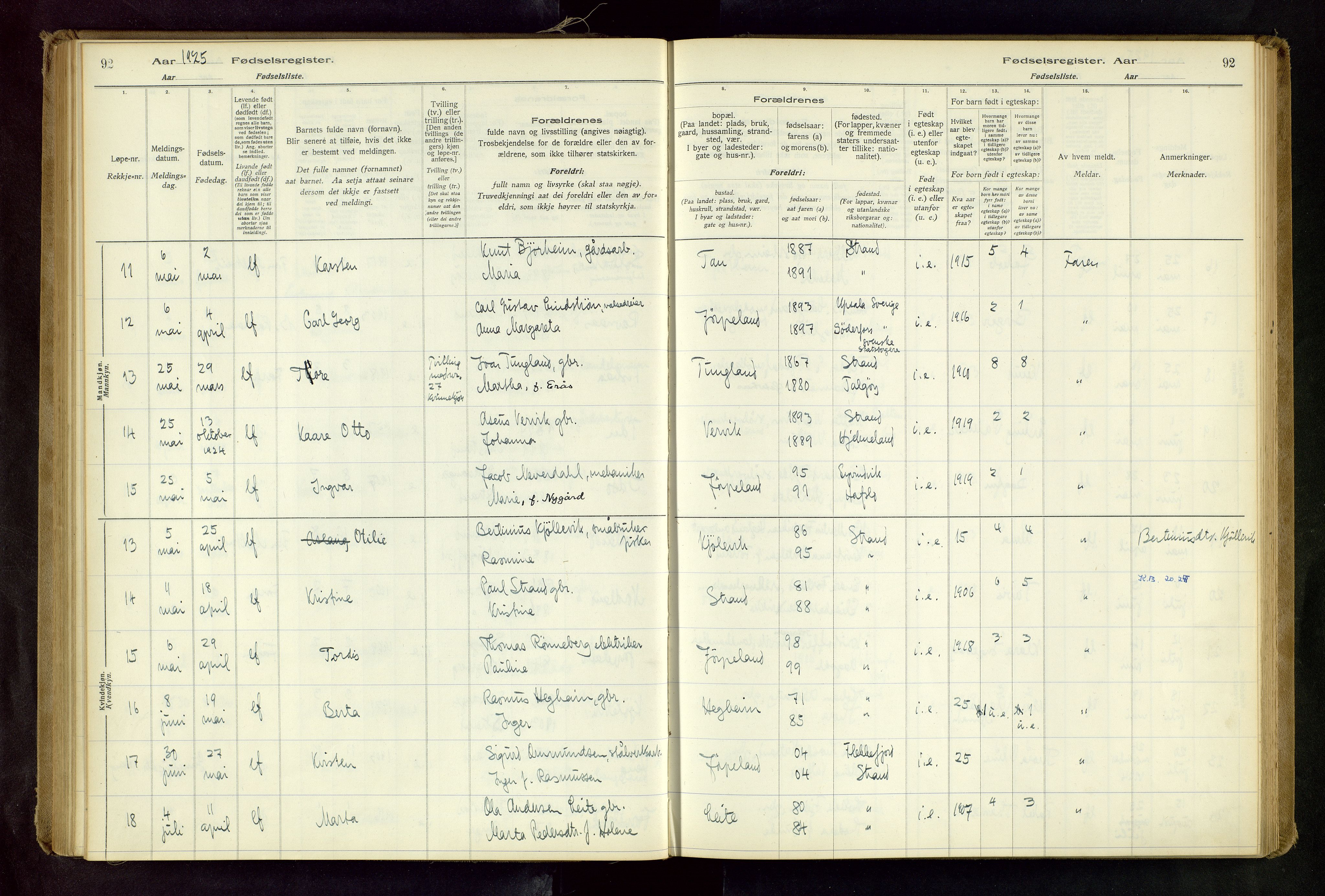 Strand sokneprestkontor, AV/SAST-A-101828/I/Id/L0001: Birth register no. 1, 1916-1938, p. 92