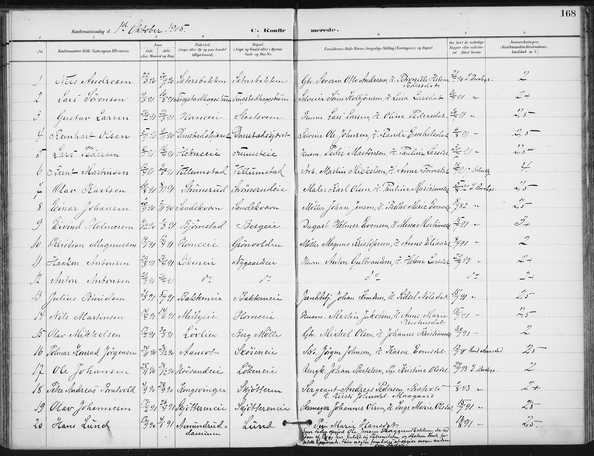 Romedal prestekontor, SAH/PREST-004/K/L0011: Parish register (official) no. 11, 1896-1912, p. 168