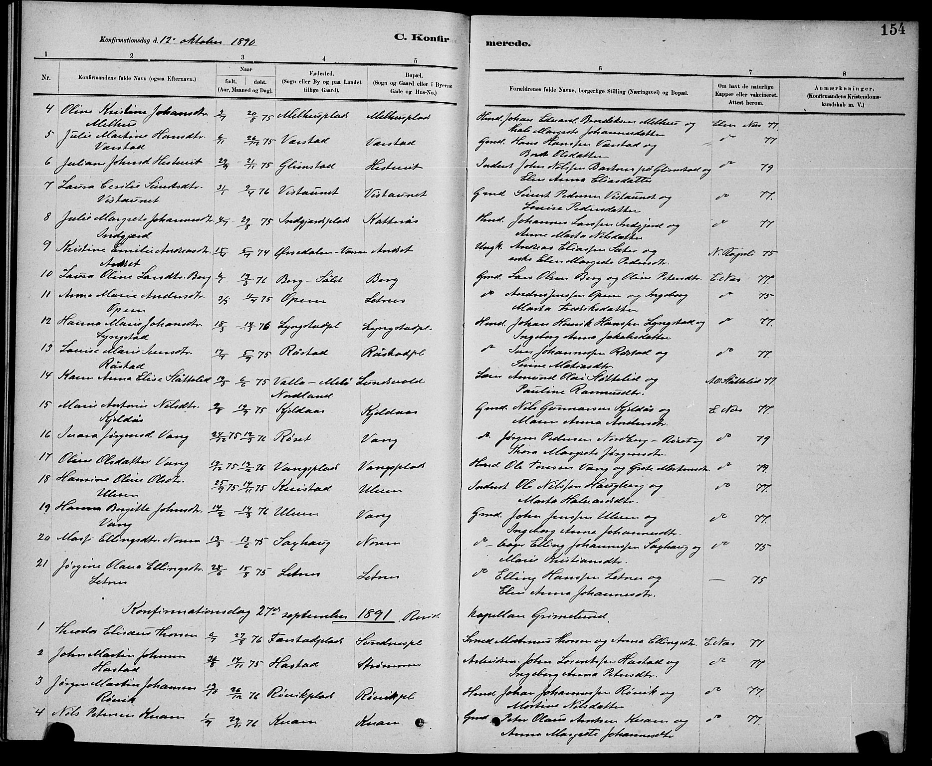 Ministerialprotokoller, klokkerbøker og fødselsregistre - Nord-Trøndelag, SAT/A-1458/730/L0301: Parish register (copy) no. 730C04, 1880-1897, p. 154