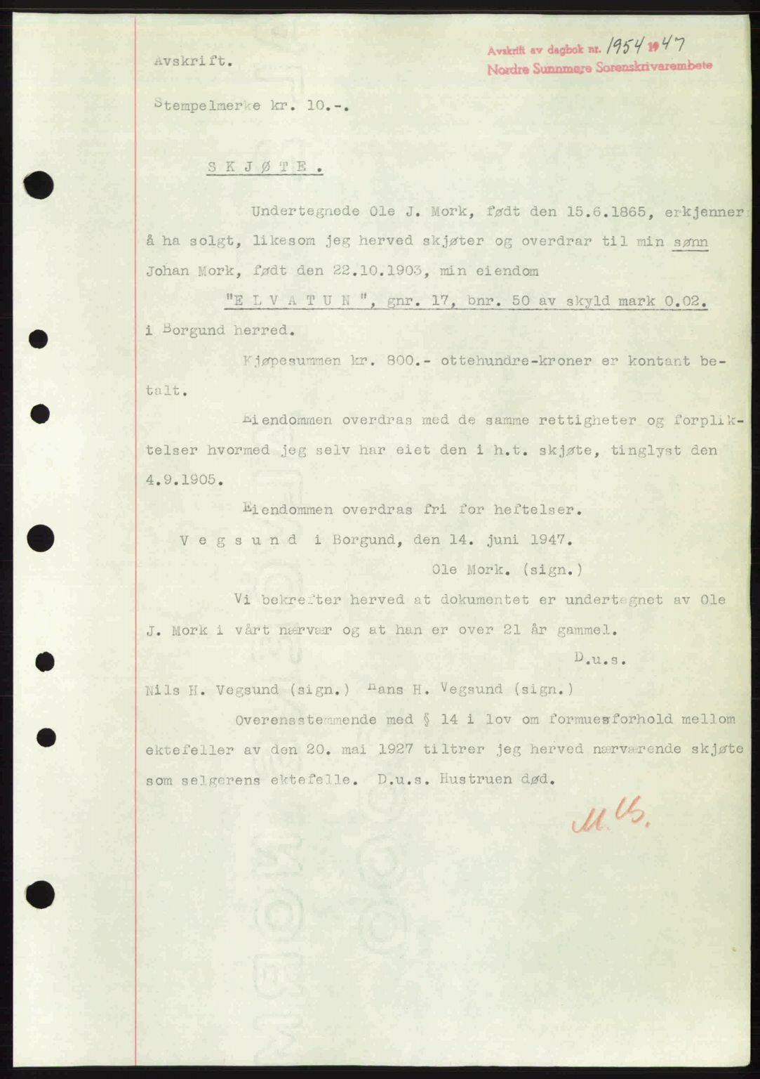 Nordre Sunnmøre sorenskriveri, AV/SAT-A-0006/1/2/2C/2Ca: Mortgage book no. A26, 1947-1948, Diary no: : 1954/1947