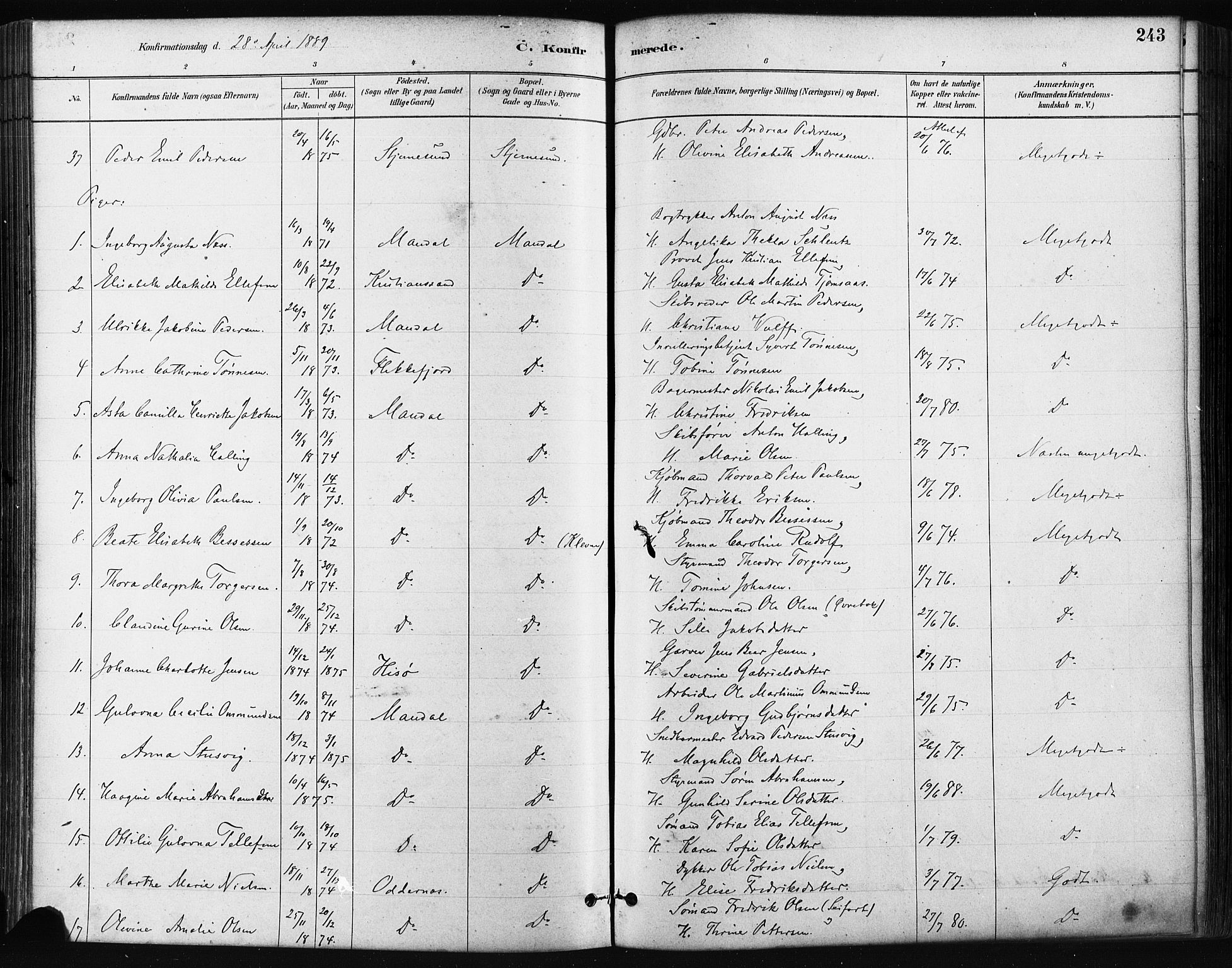 Mandal sokneprestkontor, SAK/1111-0030/F/Fa/Faa/L0016: Parish register (official) no. A 16, 1880-1890, p. 243