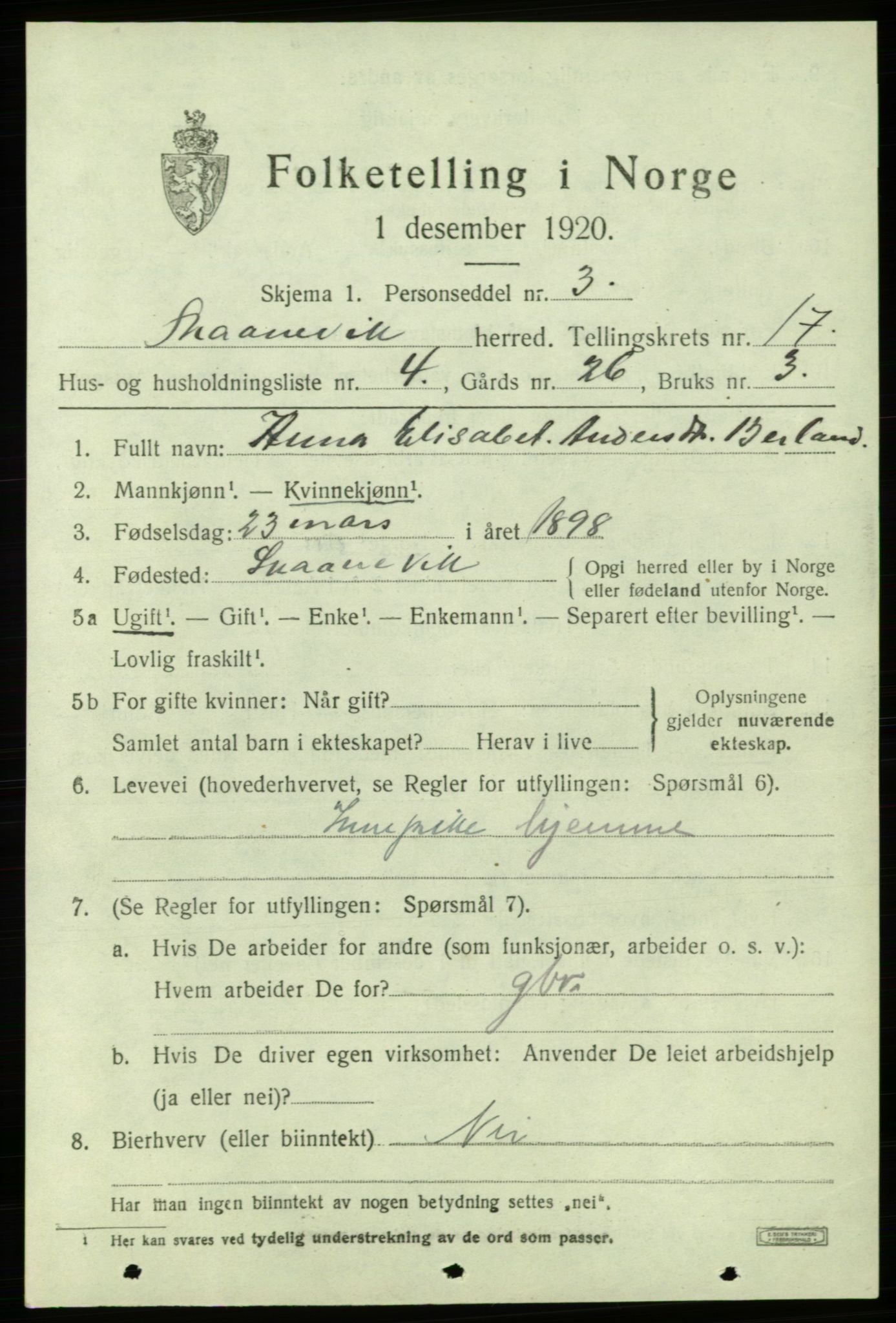 SAB, 1920 census for Skånevik, 1920, p. 6607