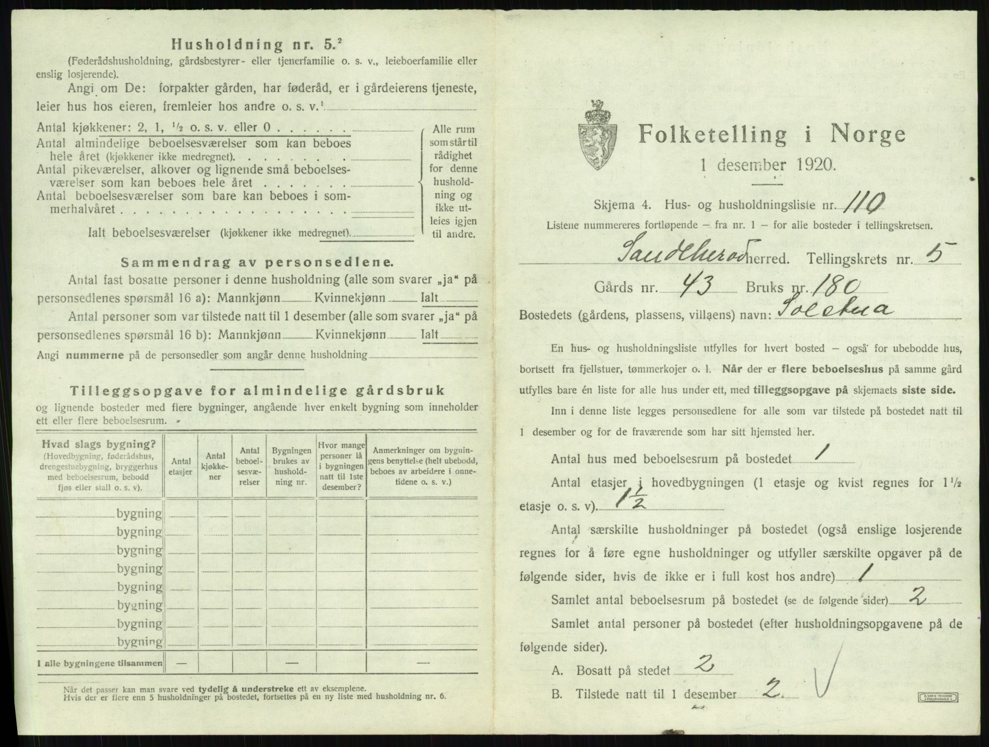 SAKO, 1920 census for Sandeherred, 1920, p. 1109