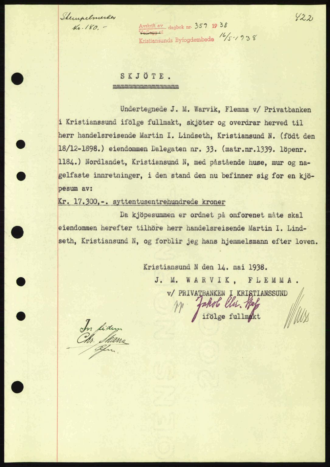 Kristiansund byfogd, AV/SAT-A-4587/A/27: Mortgage book no. 30, 1936-1941, Diary no: : 359/1938