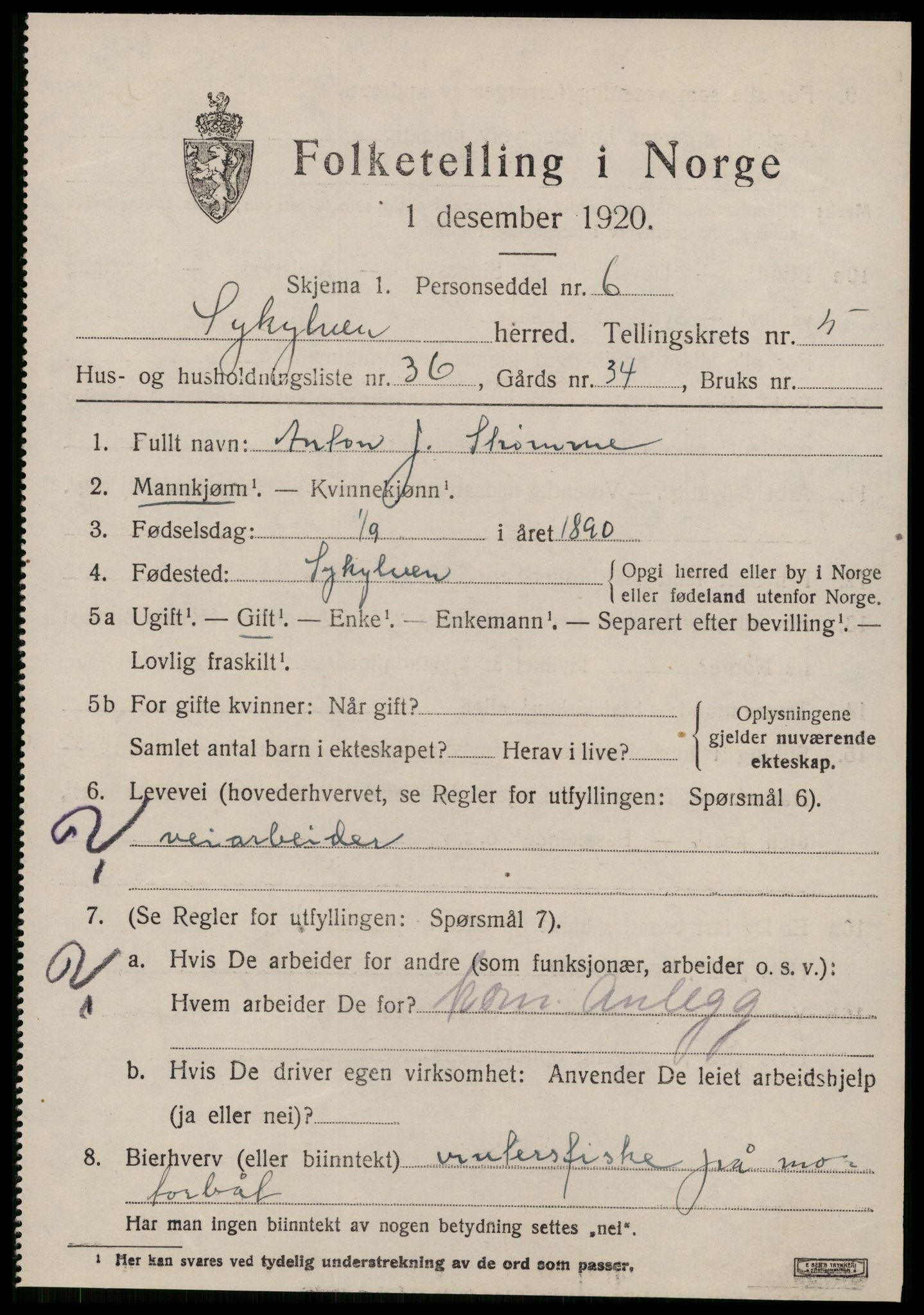 SAT, 1920 census for Sykkylven, 1920, p. 3637