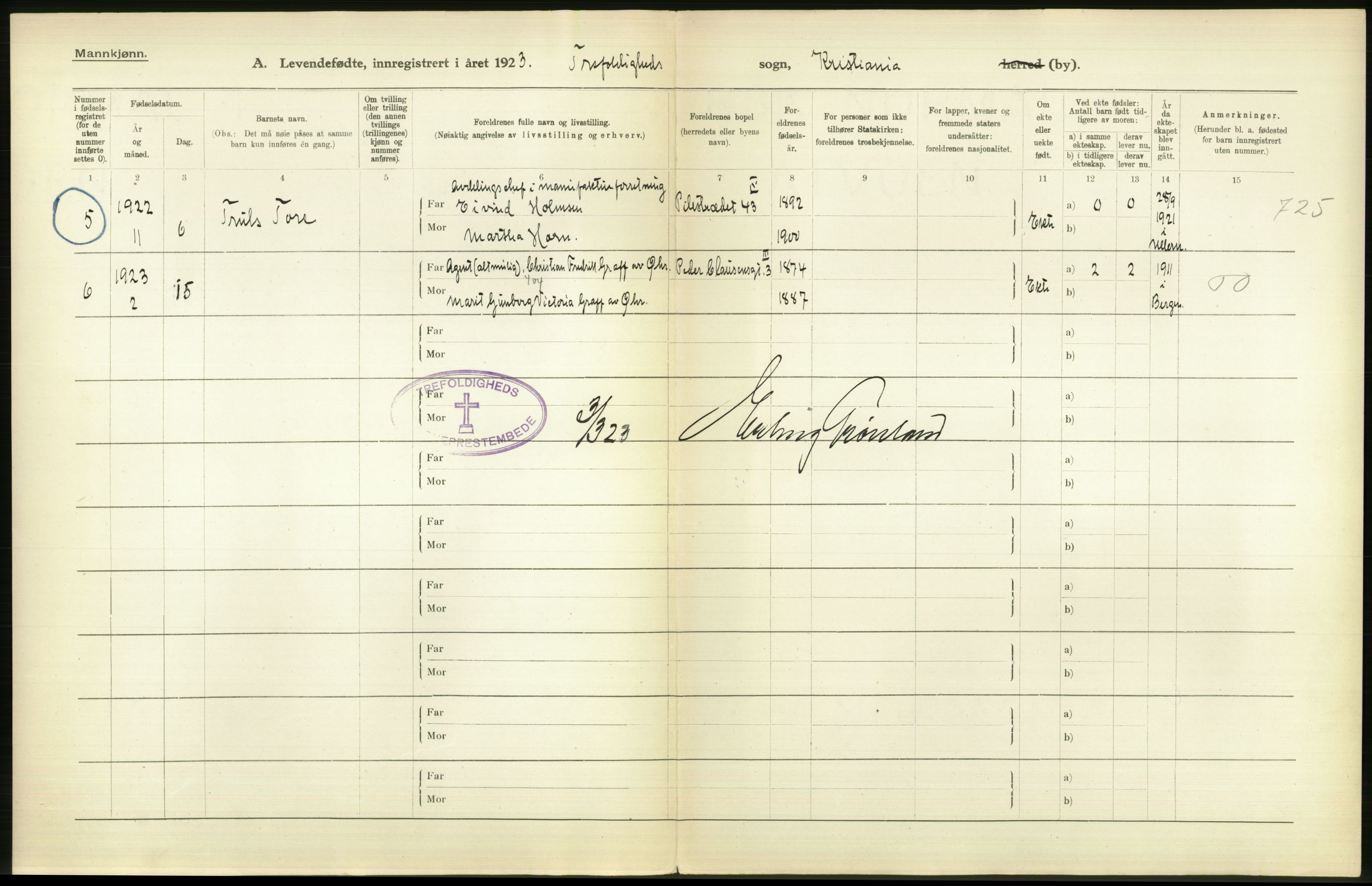 Statistisk sentralbyrå, Sosiodemografiske emner, Befolkning, AV/RA-S-2228/D/Df/Dfc/Dfcc/L0006: Kristiania: Levendefødte menn og kvinner., 1923, p. 810