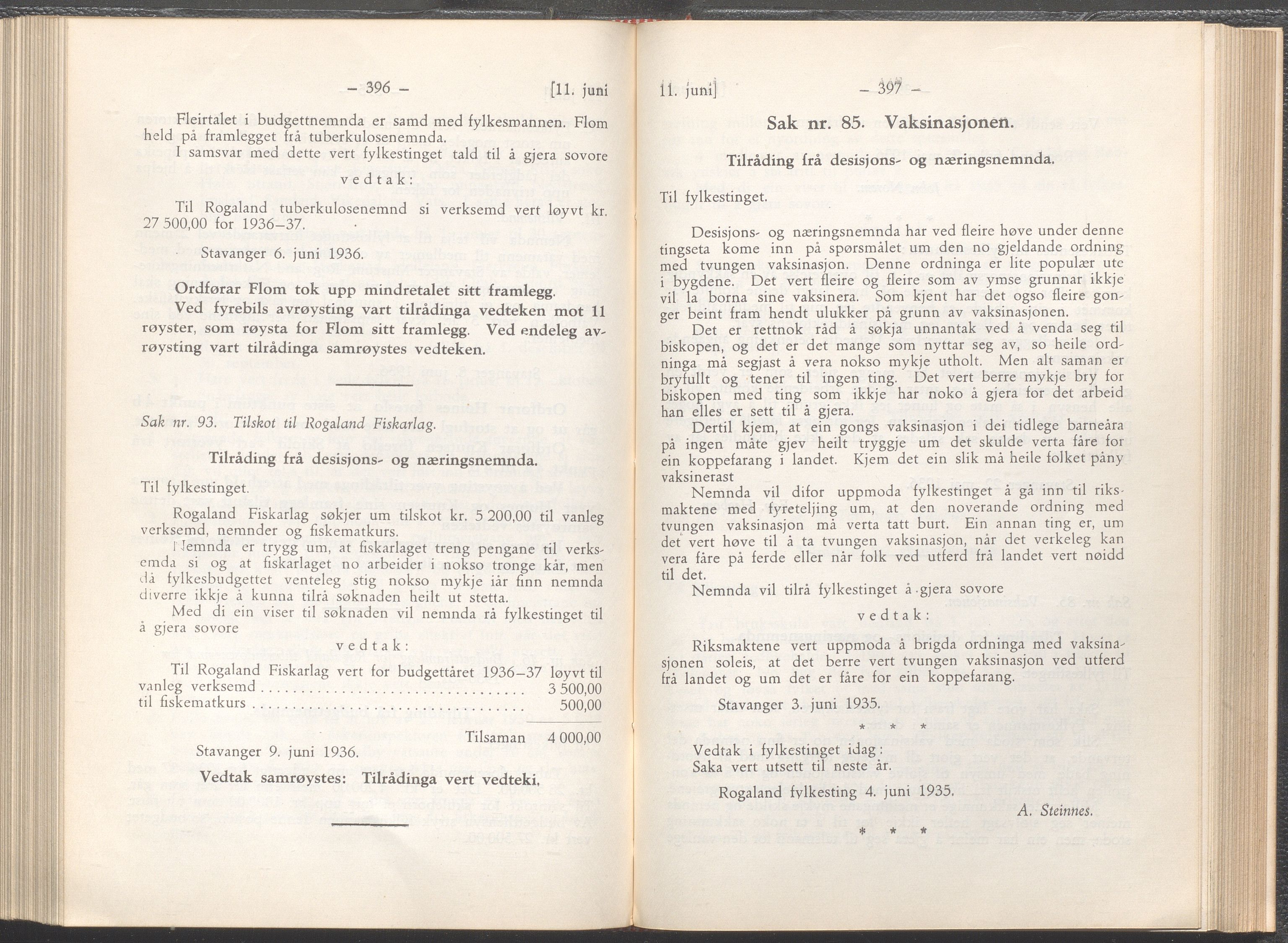 Rogaland fylkeskommune - Fylkesrådmannen , IKAR/A-900/A/Aa/Aaa/L0055: Møtebok , 1936, p. 396-397