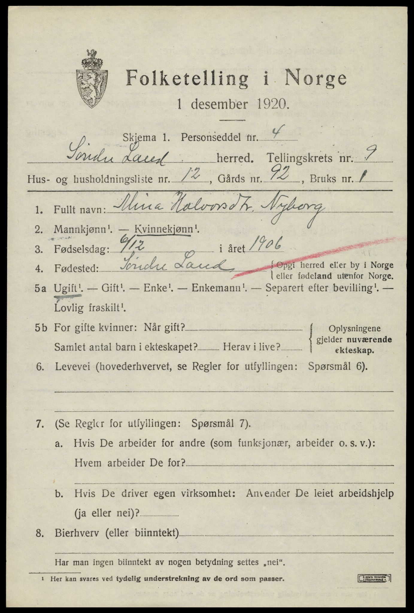 SAH, 1920 census for Søndre Land, 1920, p. 8319