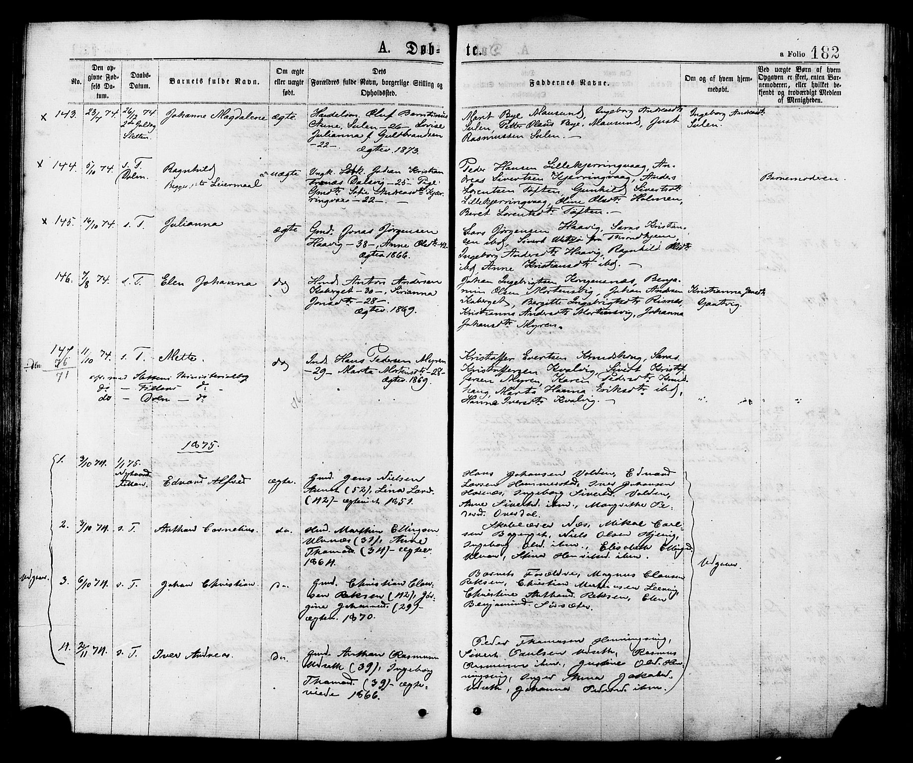 Ministerialprotokoller, klokkerbøker og fødselsregistre - Sør-Trøndelag, SAT/A-1456/634/L0532: Parish register (official) no. 634A08, 1871-1881, p. 182