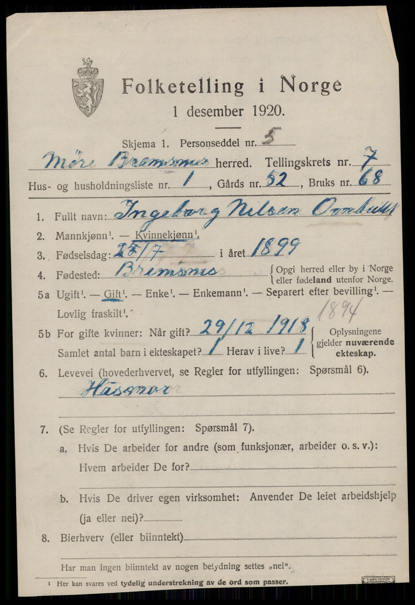 SAT, 1920 census for Bremsnes, 1920, p. 5533