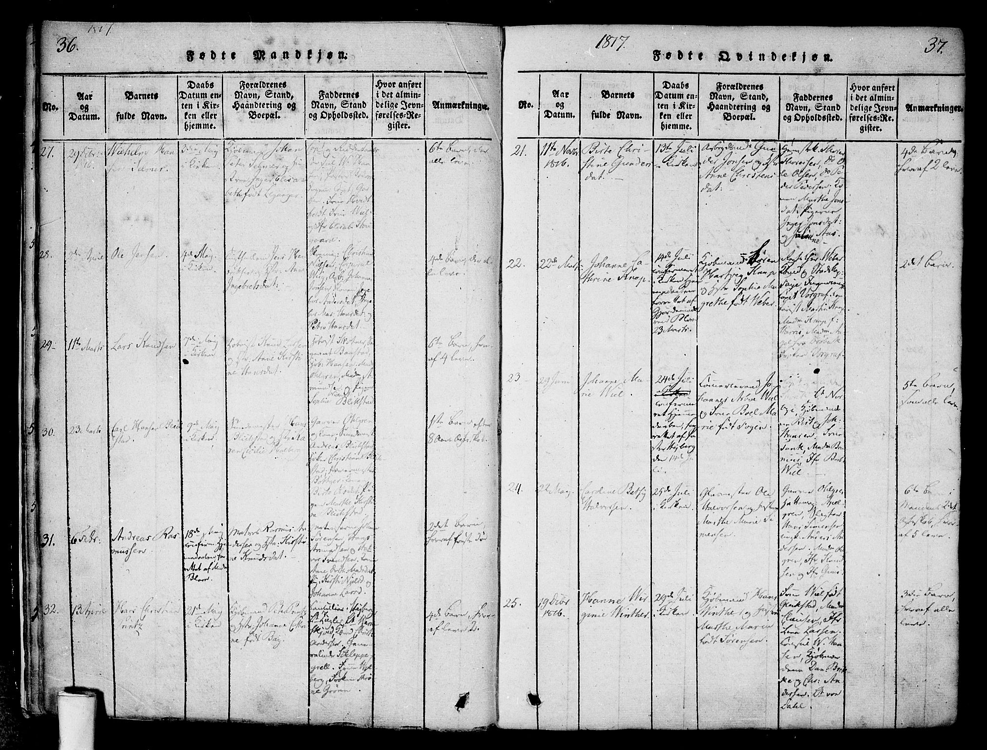 Halden prestekontor Kirkebøker, SAO/A-10909/F/Fa/L0003: Parish register (official) no. I 3, 1815-1834, p. 36-37