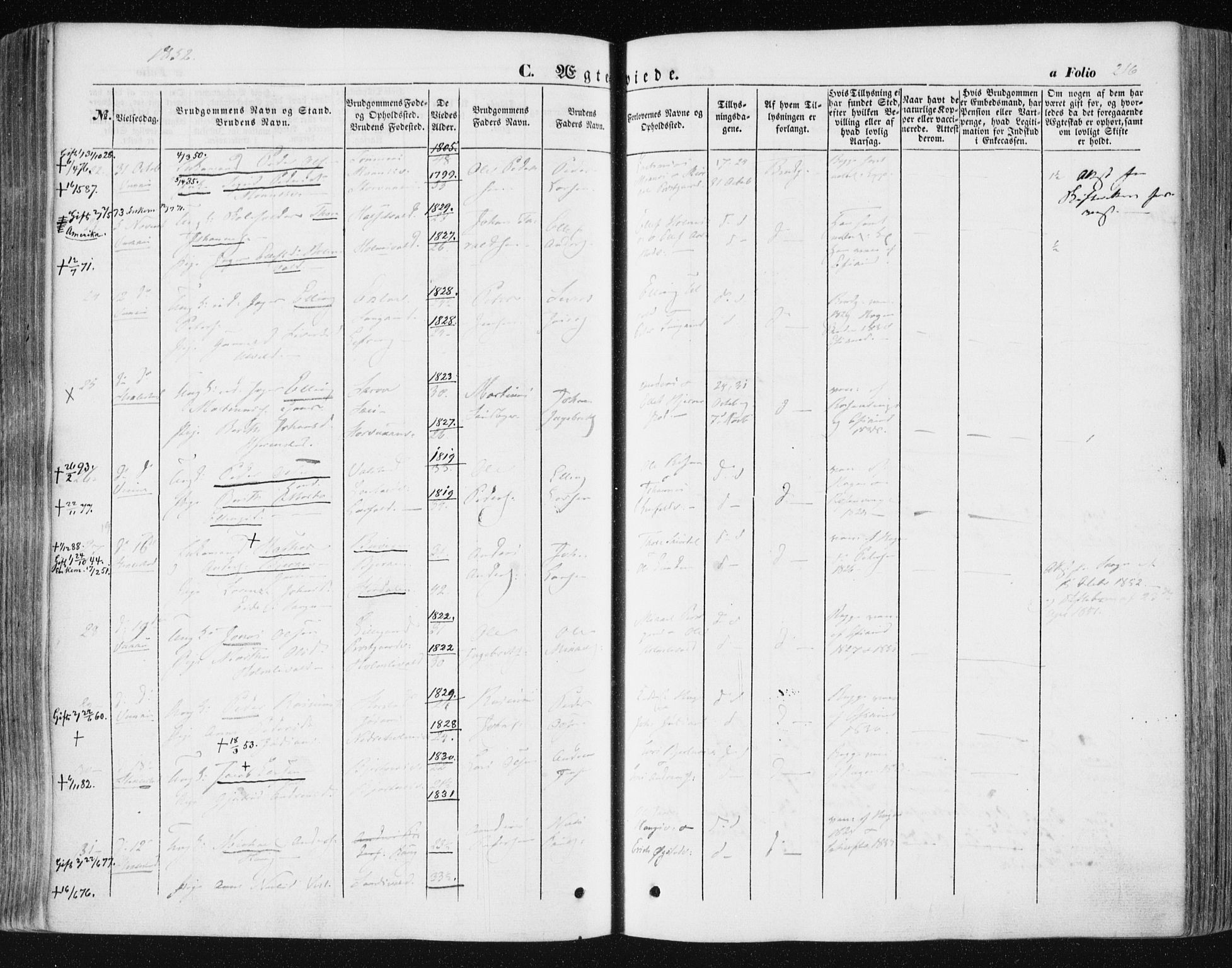 Ministerialprotokoller, klokkerbøker og fødselsregistre - Nord-Trøndelag, SAT/A-1458/723/L0240: Parish register (official) no. 723A09, 1852-1860, p. 216