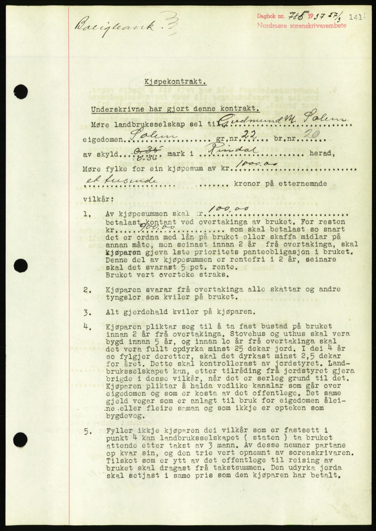 Nordmøre sorenskriveri, AV/SAT-A-4132/1/2/2Ca/L0091: Mortgage book no. B81, 1937-1937, Diary no: : 785/1937