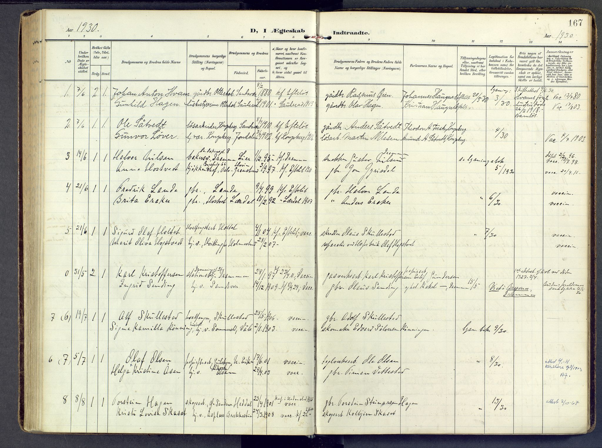 Sandsvær kirkebøker, AV/SAKO-A-244/F/Fb/L0002: Parish register (official) no. II 2, 1906-1956, p. 167