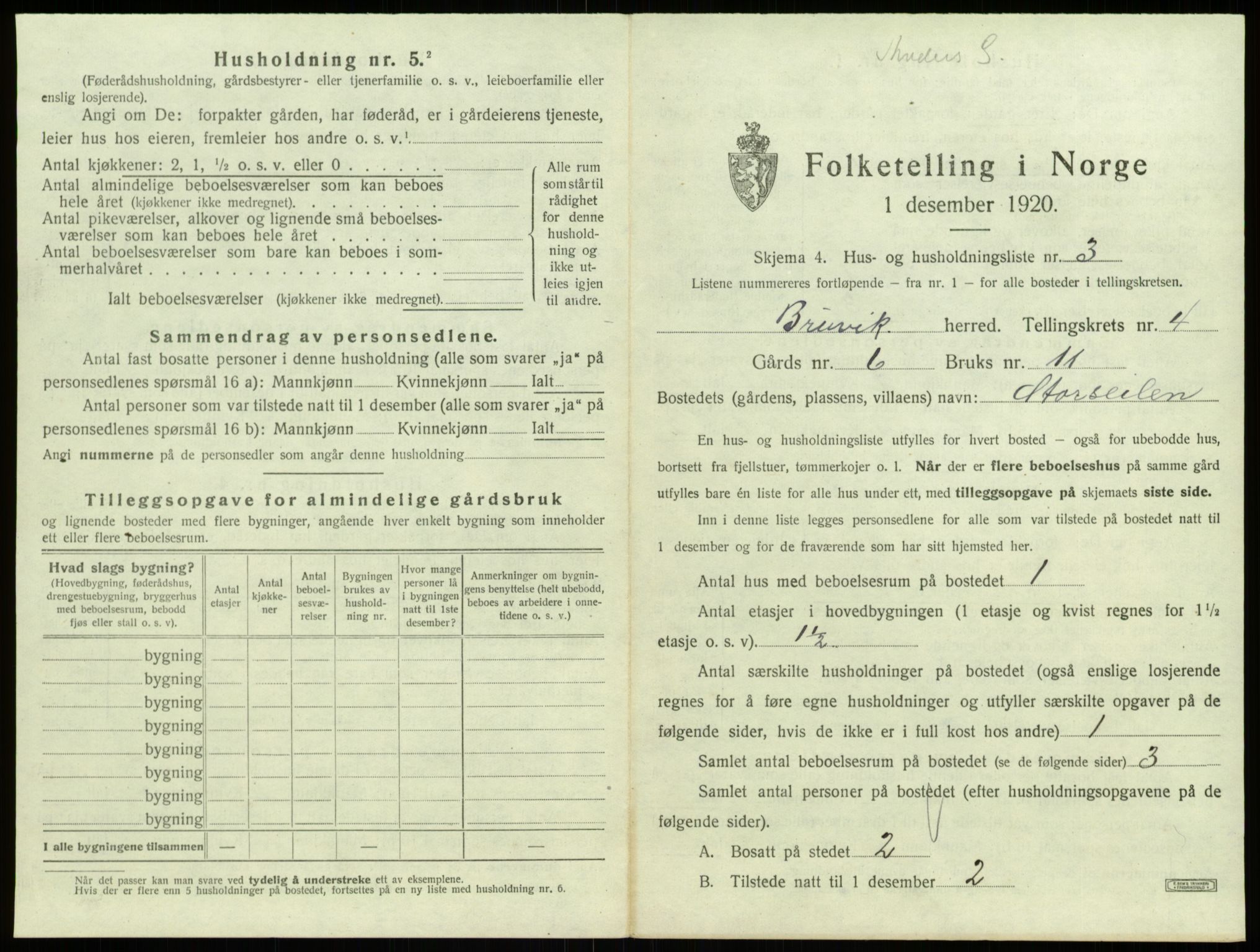 SAB, 1920 census for Bruvik, 1920, p. 242