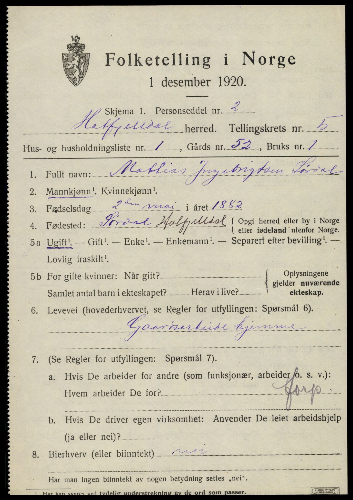 SAT, 1920 census for Hattfjelldal, 1920, p. 1092