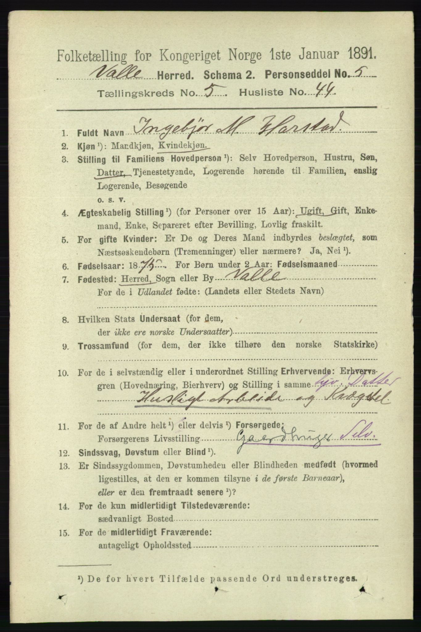 RA, 1891 census for 0940 Valle, 1891, p. 1631