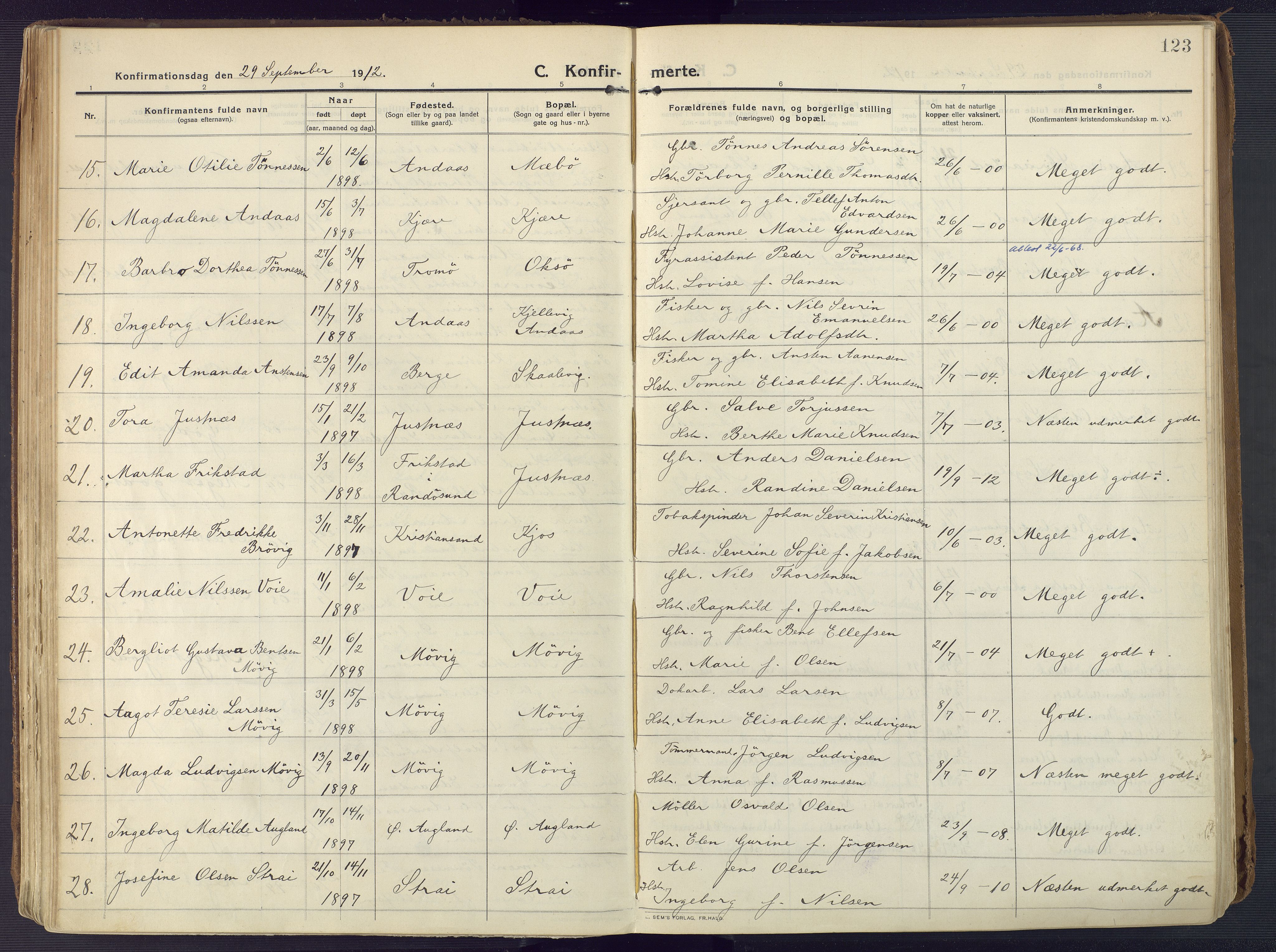 Oddernes sokneprestkontor, AV/SAK-1111-0033/F/Fa/Faa/L0012: Parish register (official) no. A 12, 1912-1925, p. 123