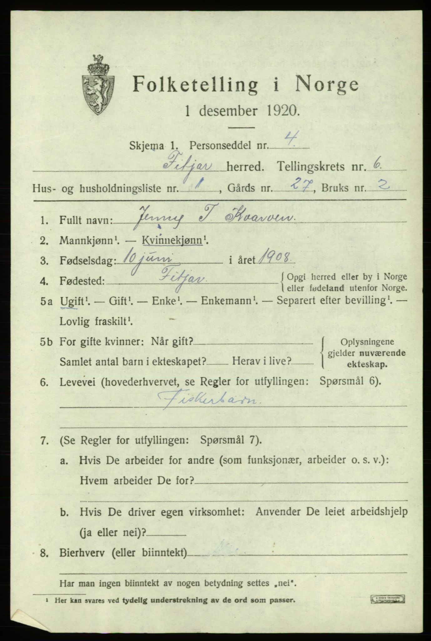 SAB, 1920 census for Fitjar, 1920, p. 2758