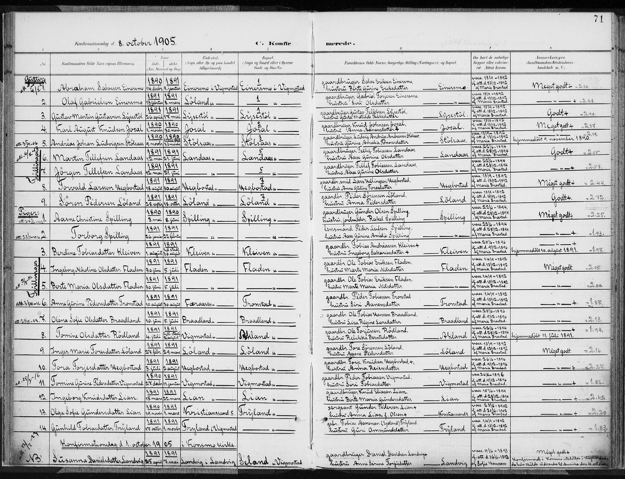 Nord-Audnedal sokneprestkontor, SAK/1111-0032/F/Fa/Fab/L0004: Parish register (official) no. A 4, 1901-1917, p. 71