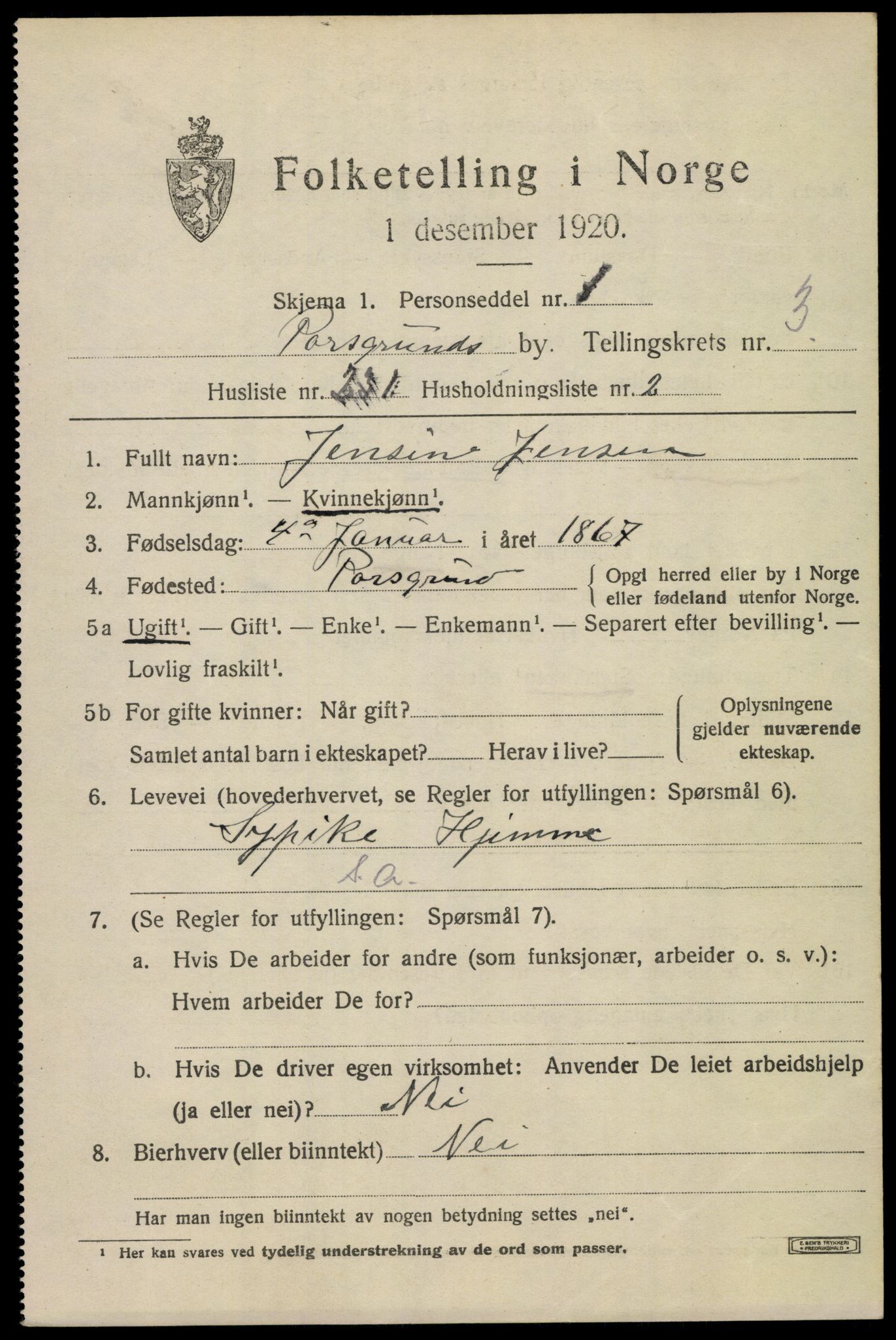 SAKO, 1920 census for Porsgrunn, 1920, p. 17361