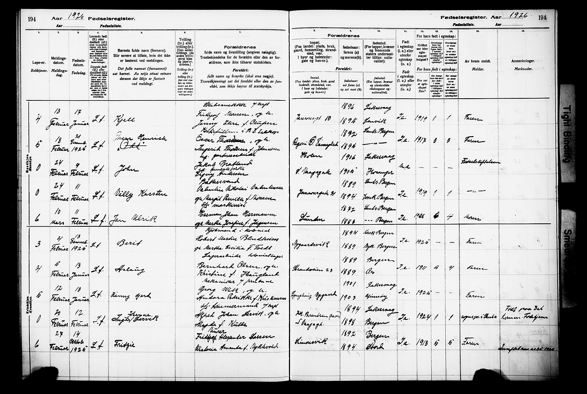 Laksevåg Sokneprestembete, AV/SAB-A-76501/I/Id/L00A1: Birth register no. A 1, 1916-1926, p. 194