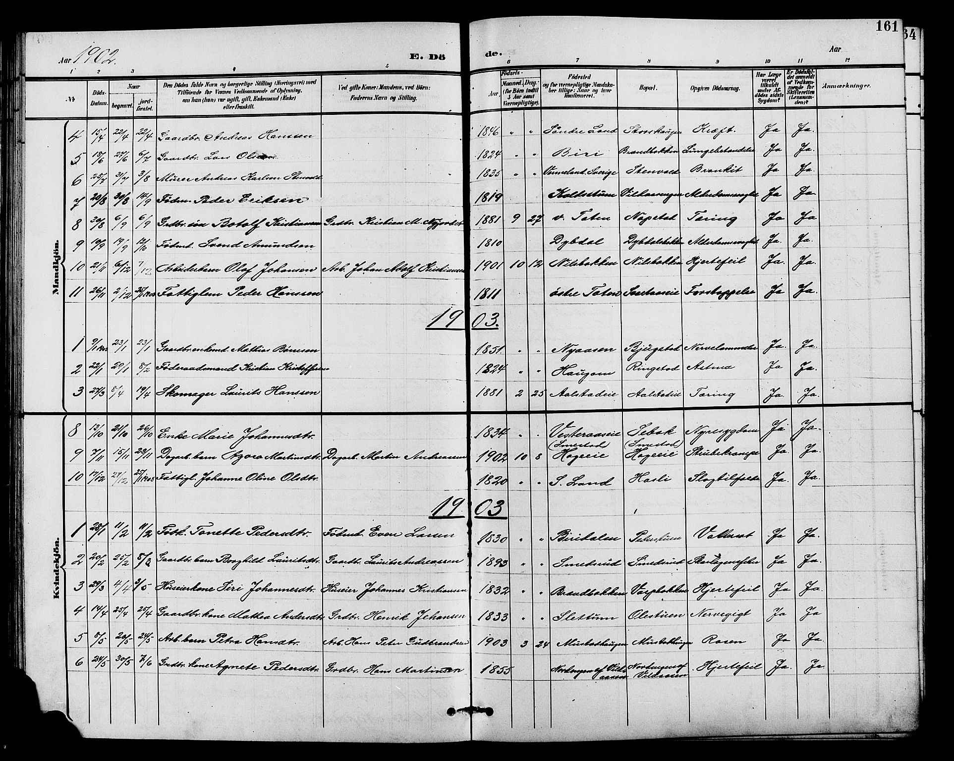 Vardal prestekontor, AV/SAH-PREST-100/H/Ha/Hab/L0011: Parish register (copy) no. 11, 1899-1913, p. 161