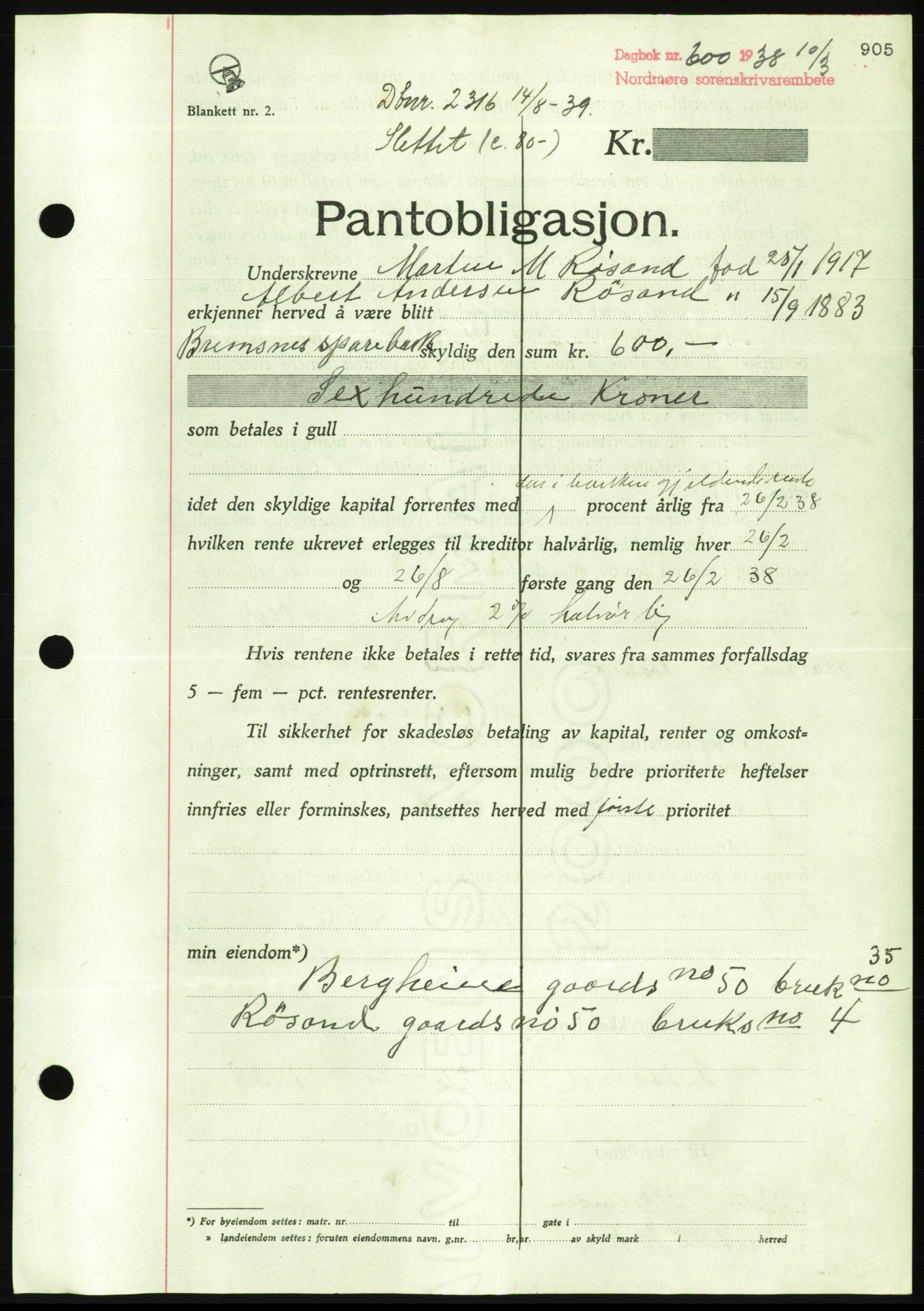 Nordmøre sorenskriveri, AV/SAT-A-4132/1/2/2Ca/L0092: Mortgage book no. B82, 1937-1938, Diary no: : 600/1938