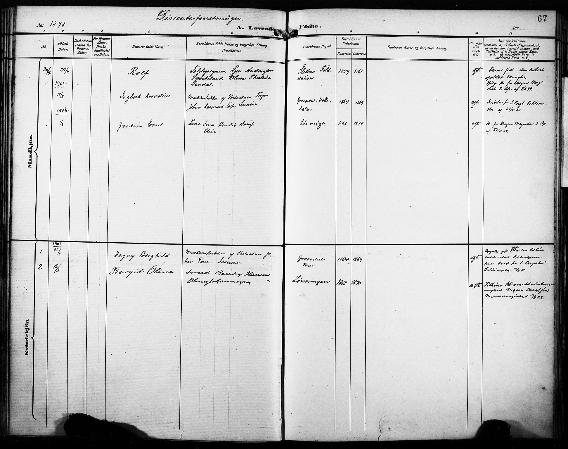 Fana Sokneprestembete, SAB/A-75101/H/Haa/Haab/L0003: Parish register (official) no. B 3, 1898-1907, p. 67