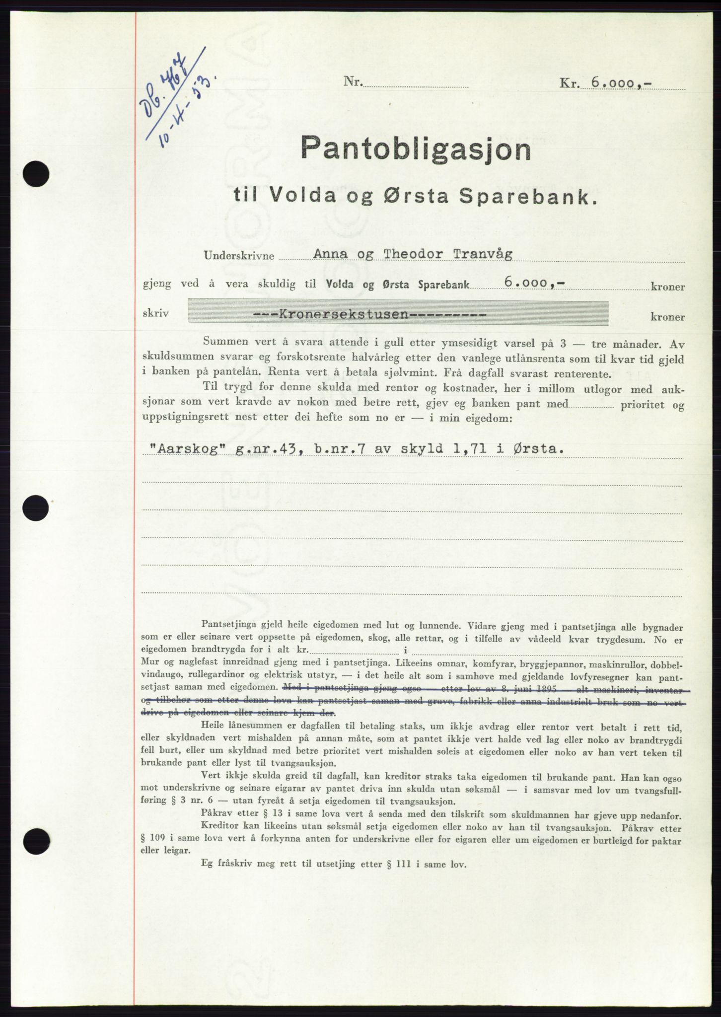 Søre Sunnmøre sorenskriveri, AV/SAT-A-4122/1/2/2C/L0123: Mortgage book no. 11B, 1953-1953, Diary no: : 767/1953