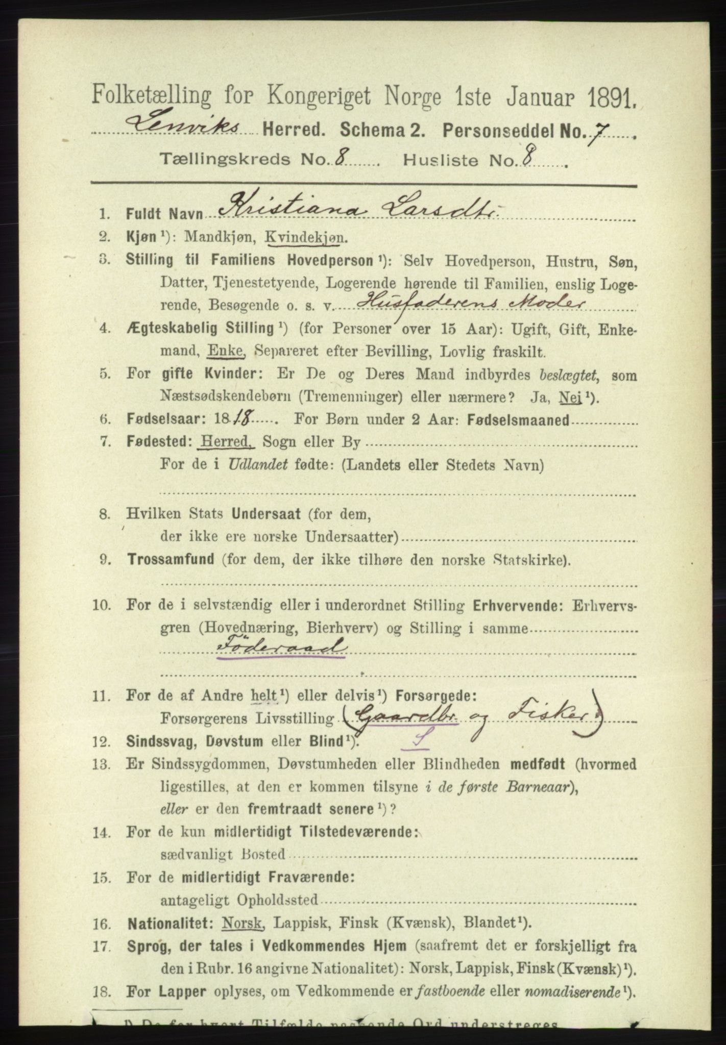 RA, 1891 census for 1931 Lenvik, 1891, p. 4434