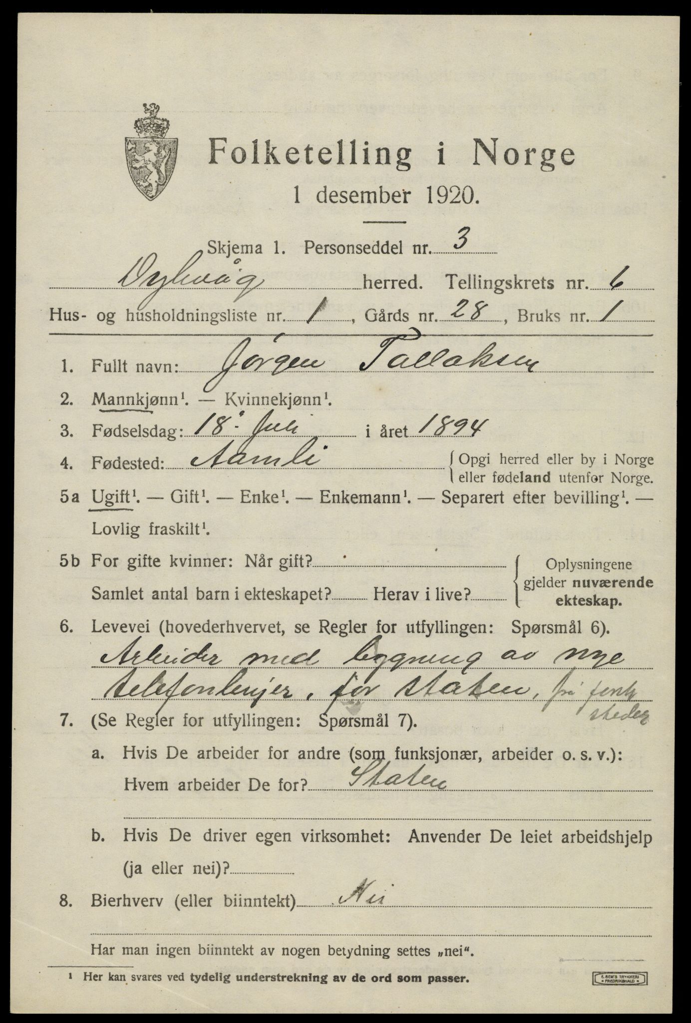 SAK, 1920 census for Dypvåg, 1920, p. 4989