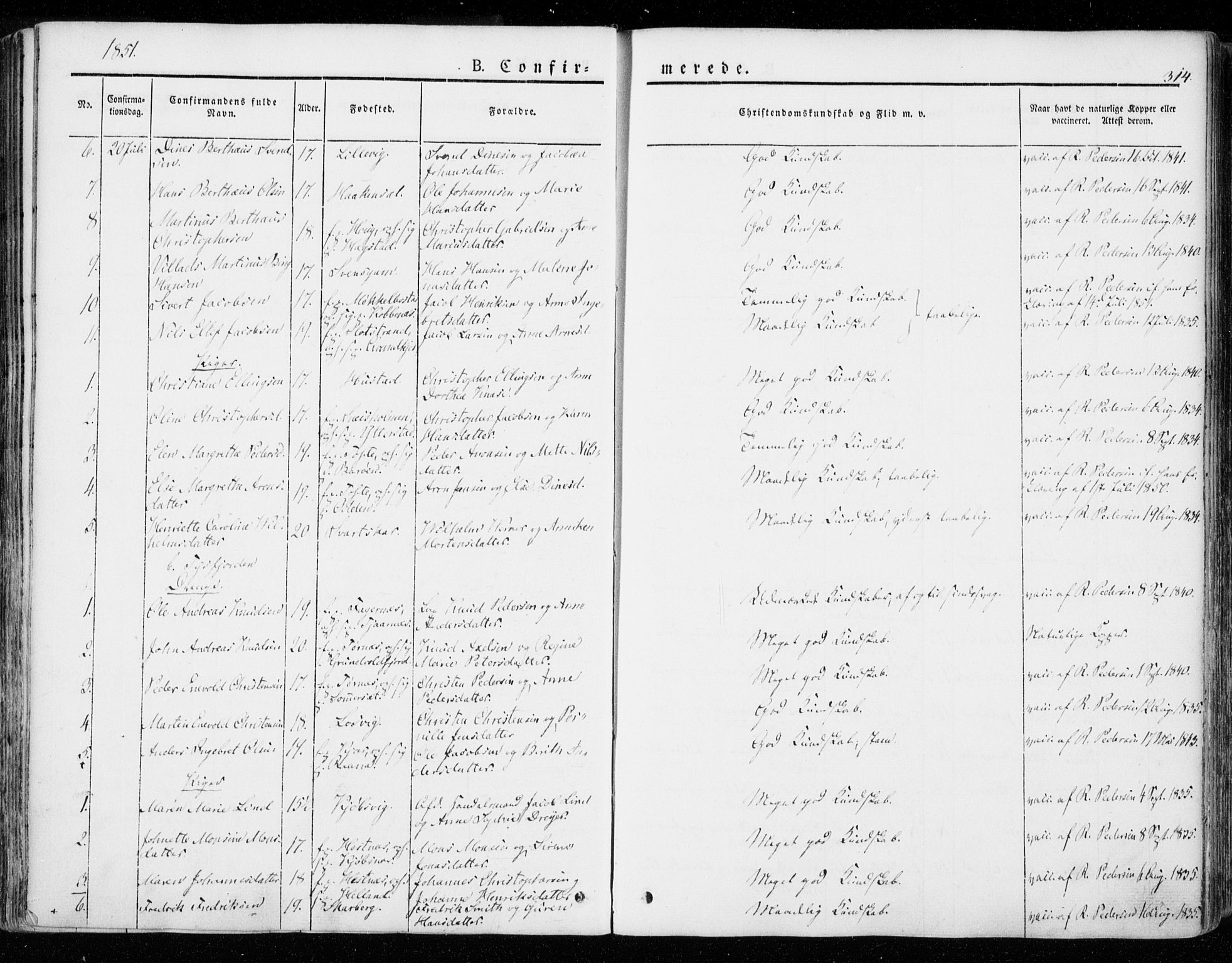 Ministerialprotokoller, klokkerbøker og fødselsregistre - Nordland, SAT/A-1459/872/L1033: Parish register (official) no. 872A08, 1840-1863, p. 314