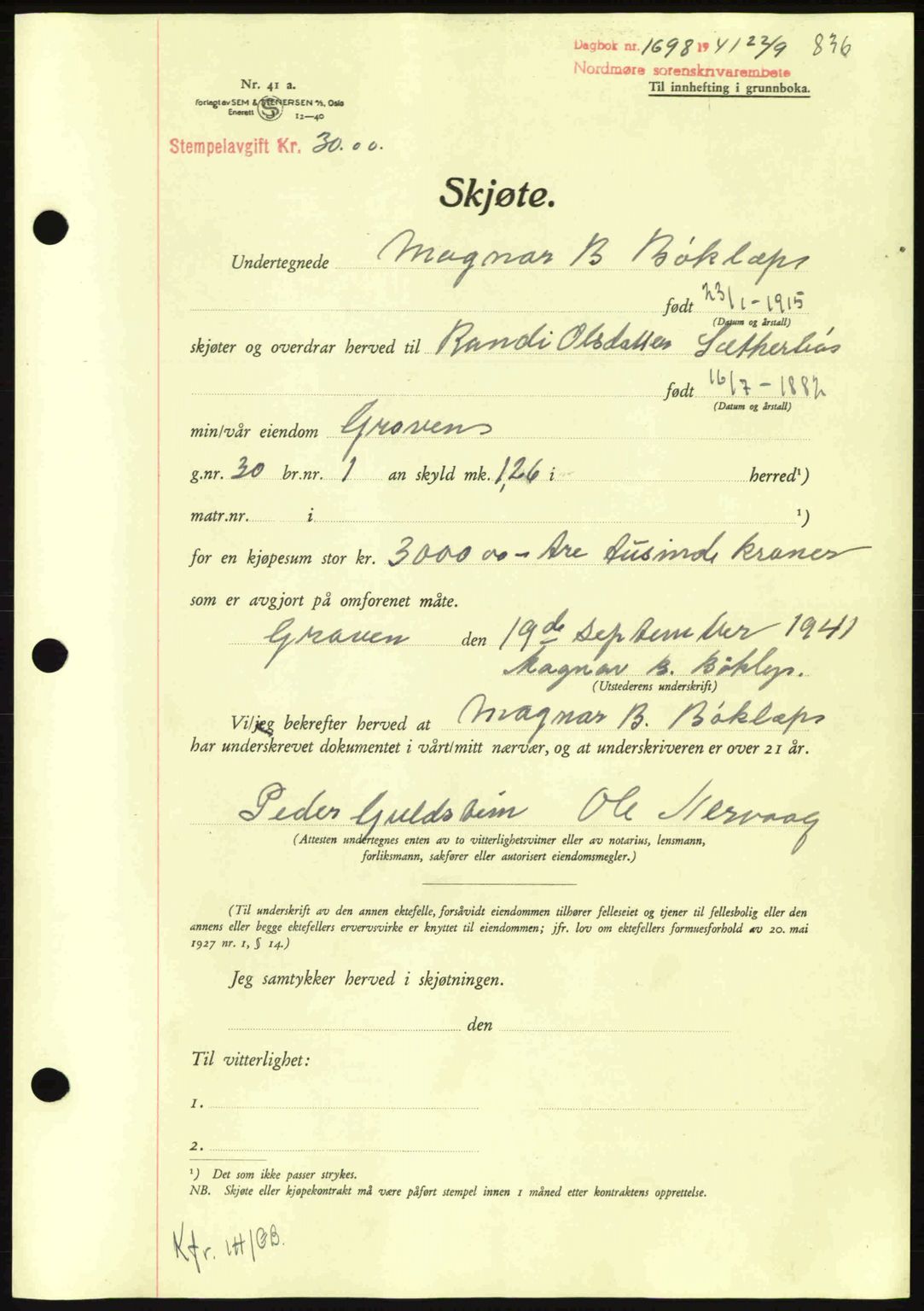 Nordmøre sorenskriveri, SAT/A-4132/1/2/2Ca: Mortgage book no. A90, 1941-1941, Diary no: : 1698/1941