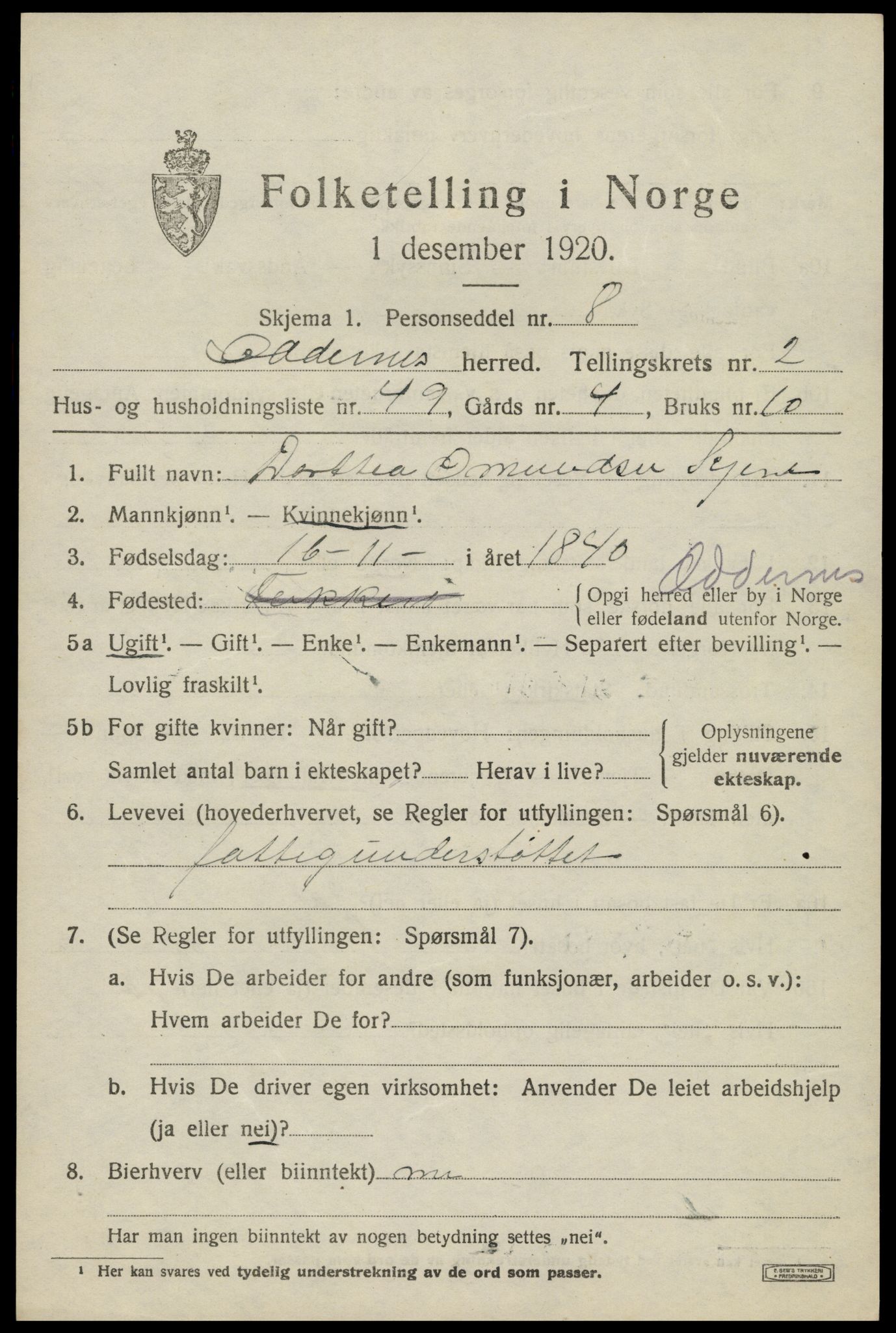 SAK, 1920 census for Oddernes, 1920, p. 3339