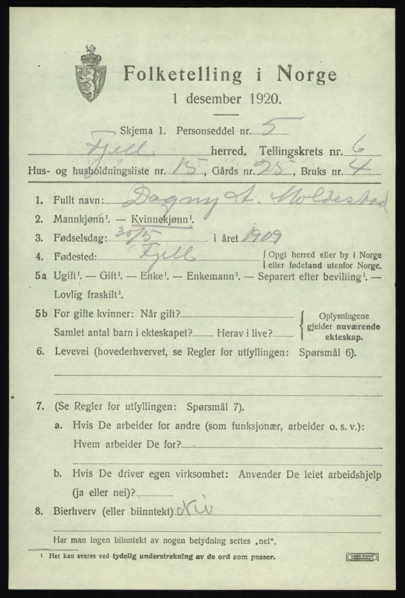 SAB, 1920 census for Fjell, 1920, p. 5428