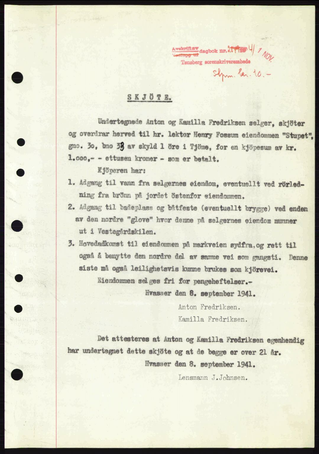 Tønsberg sorenskriveri, AV/SAKO-A-130/G/Ga/Gaa/L0010: Mortgage book no. A10, 1941-1941, Diary no: : 2849/1941