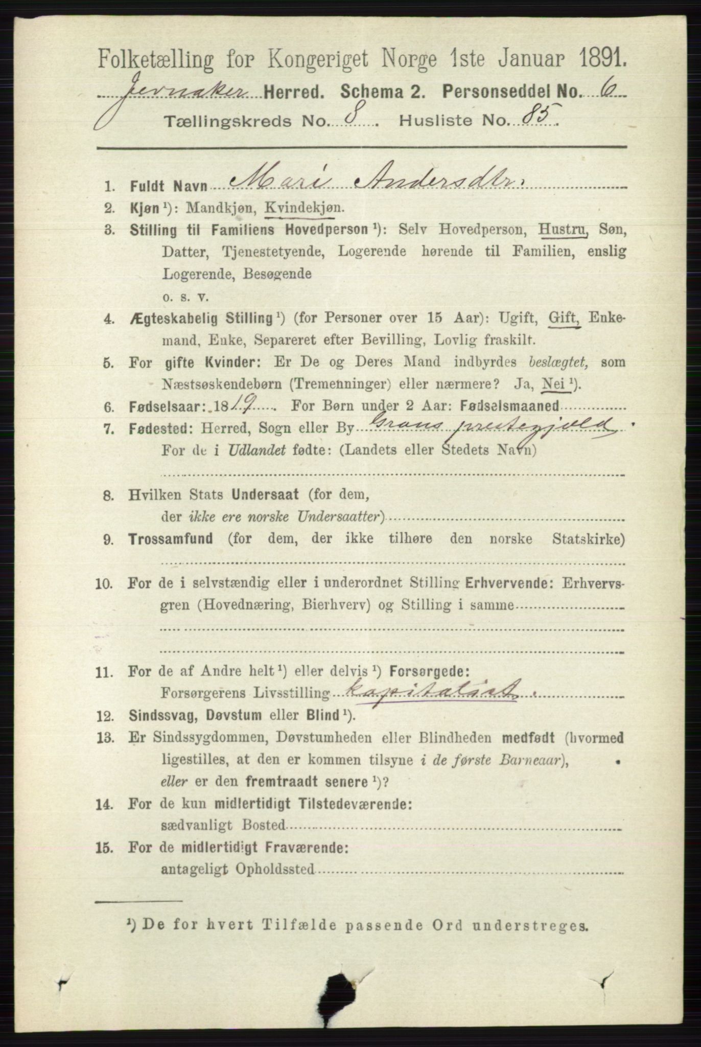 RA, 1891 census for 0532 Jevnaker, 1891, p. 4874