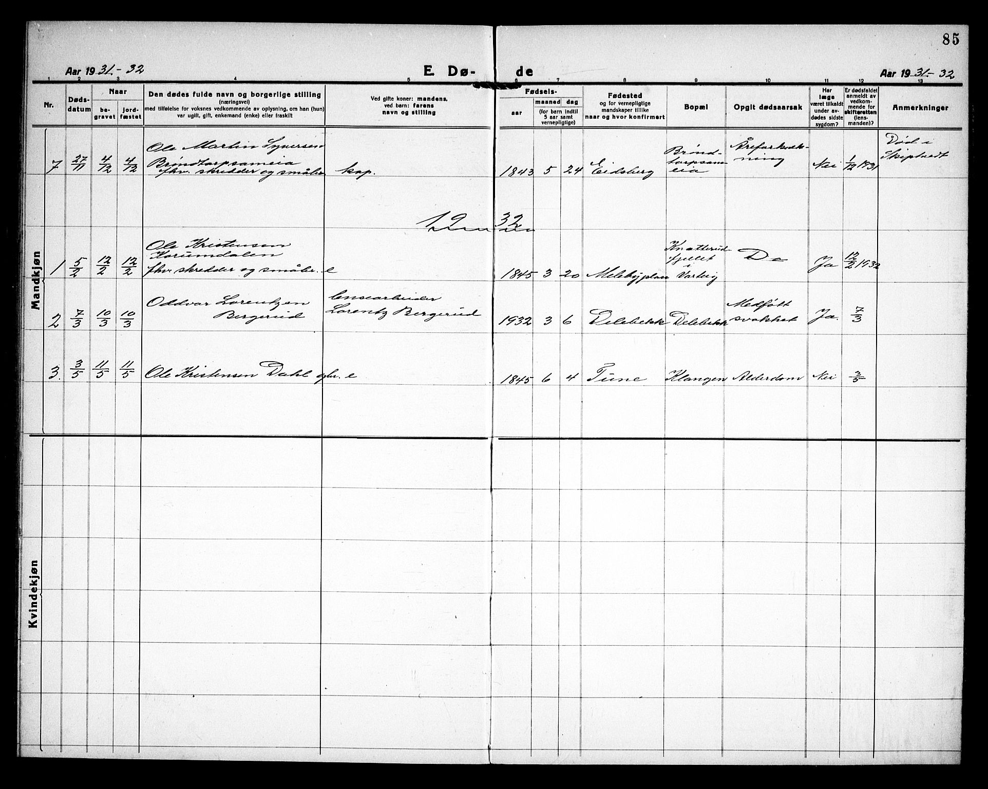 Rakkestad prestekontor Kirkebøker, SAO/A-2008/G/Gc/L0003: Parish register (copy) no. III 3, 1920-1938, p. 85