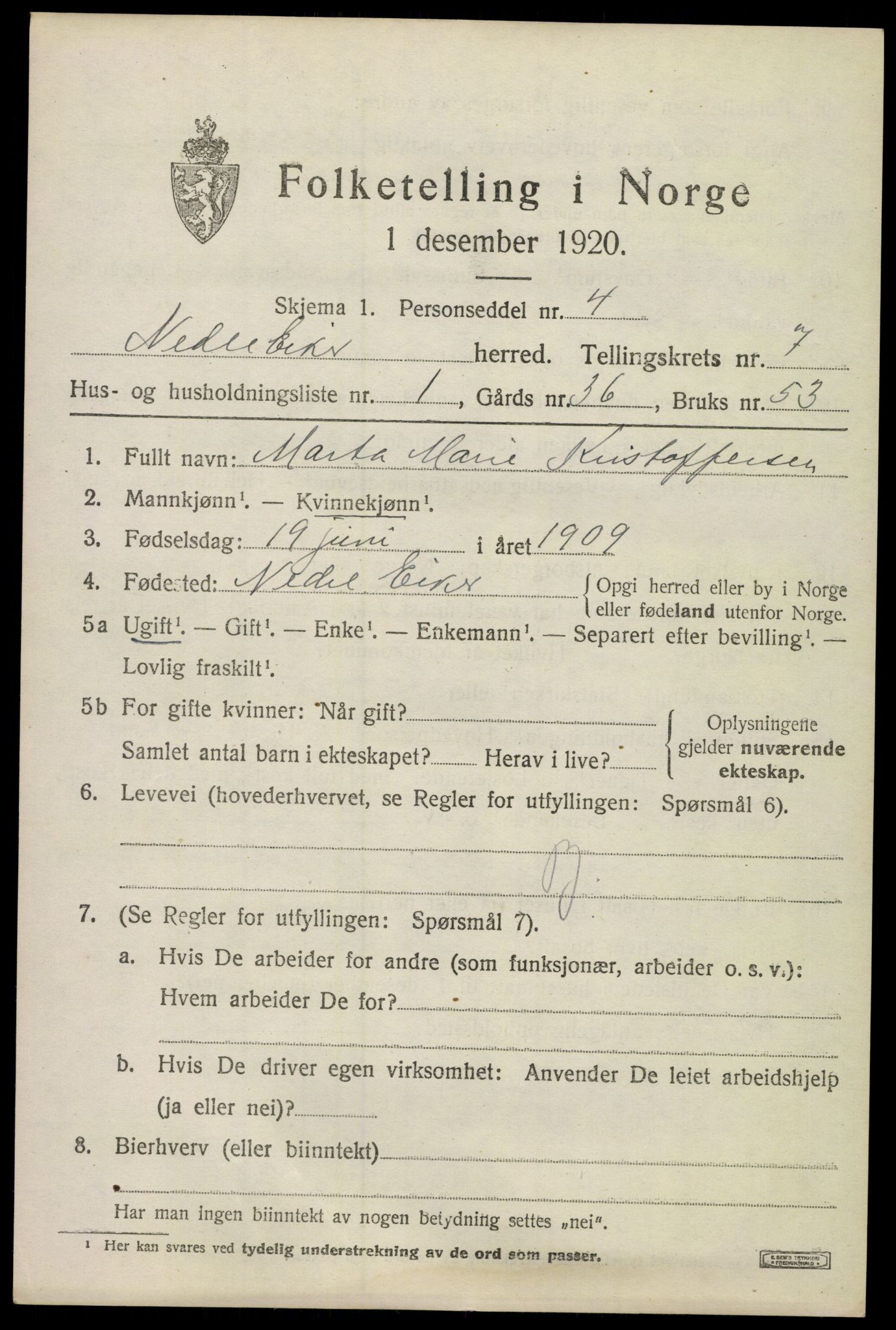 SAKO, 1920 census for Nedre Eiker, 1920, p. 7409