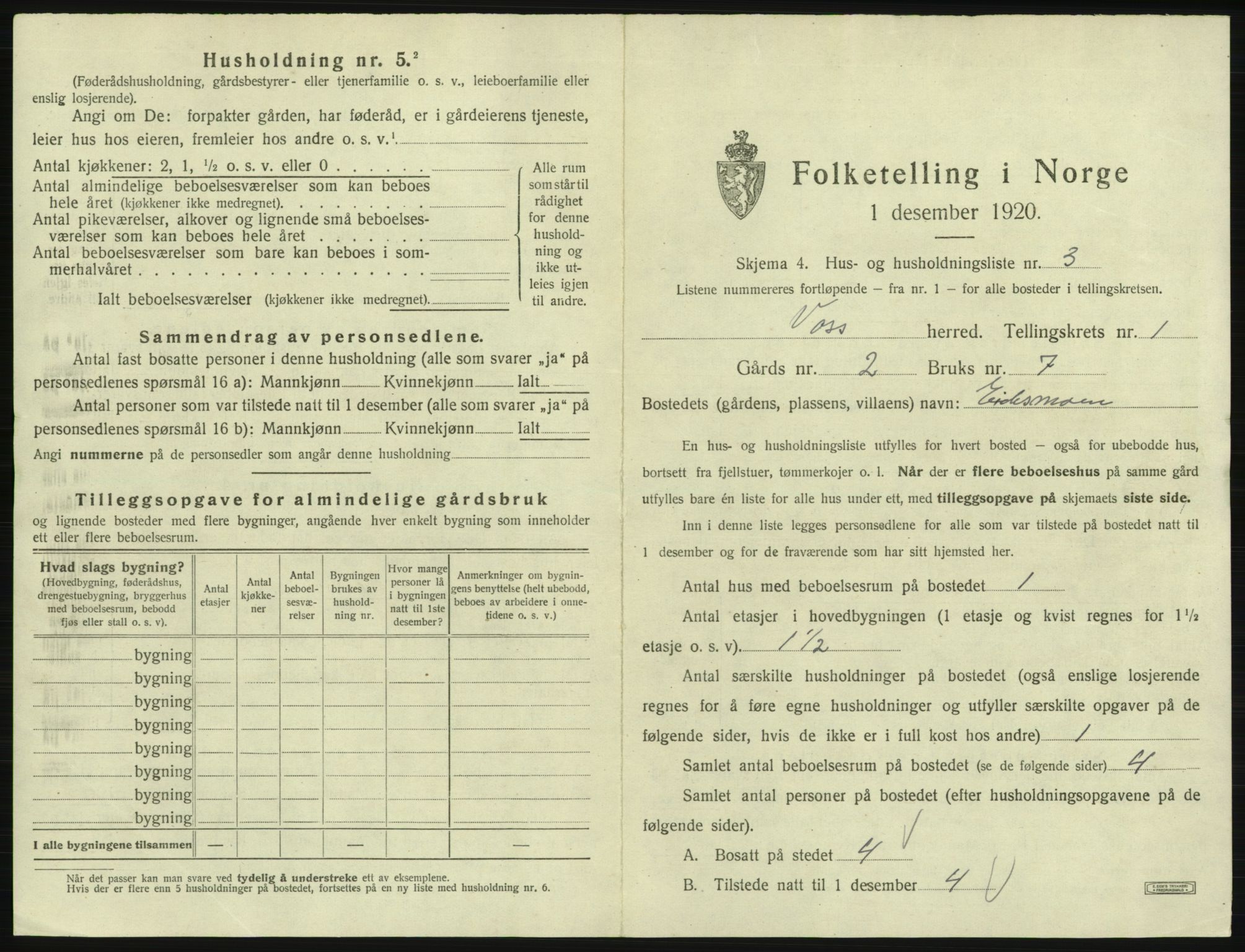 SAB, 1920 census for Voss, 1920, p. 109