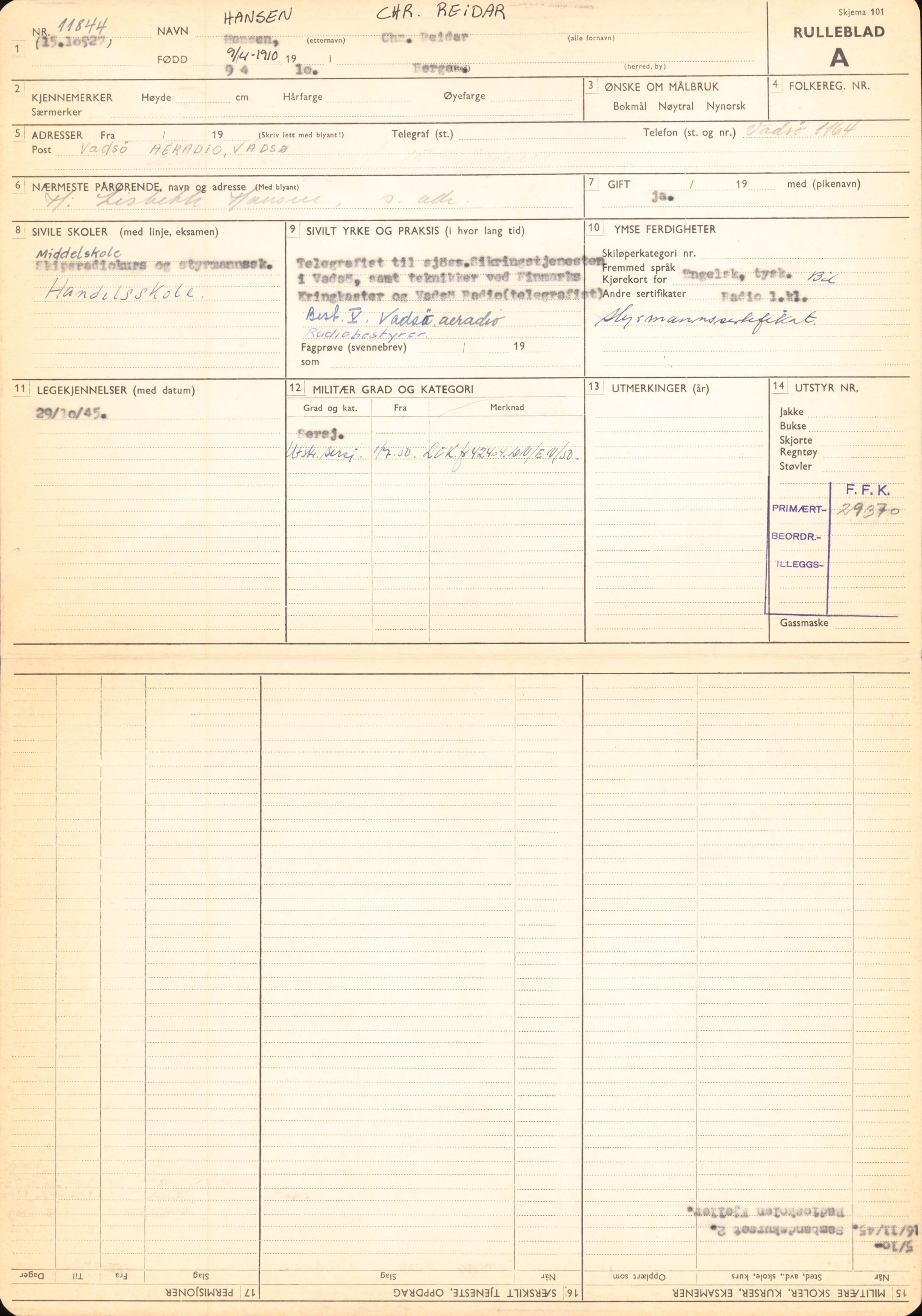 Forsvaret, Forsvarets overkommando/Luftforsvarsstaben, RA/RAFA-4079/P/Pa/L0024: Personellpapirer, 1910, p. 325