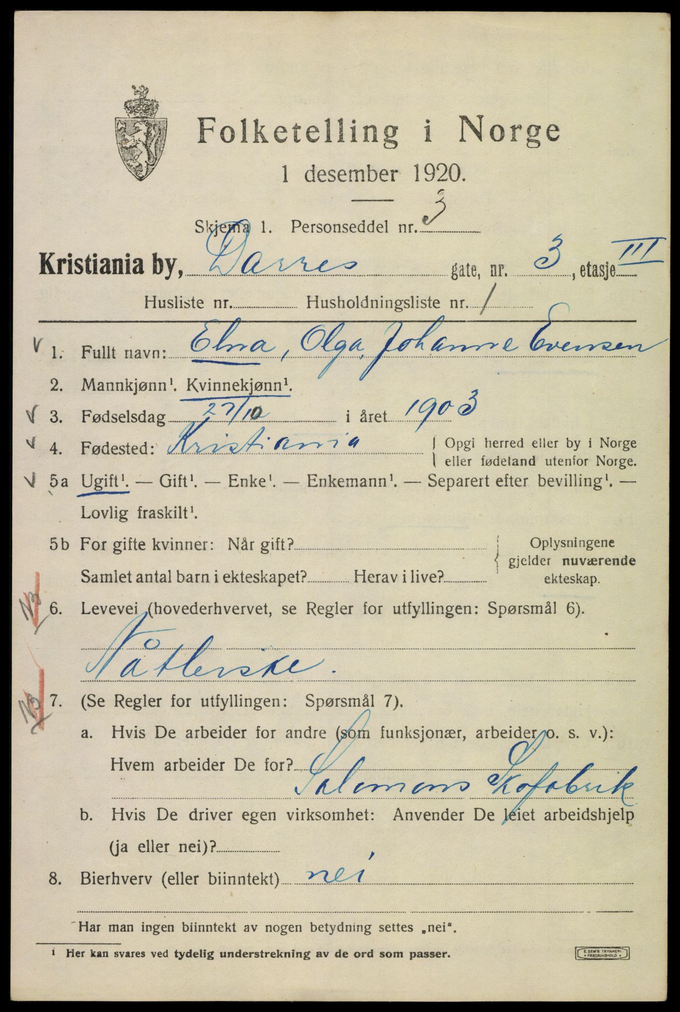 SAO, 1920 census for Kristiania, 1920, p. 197449