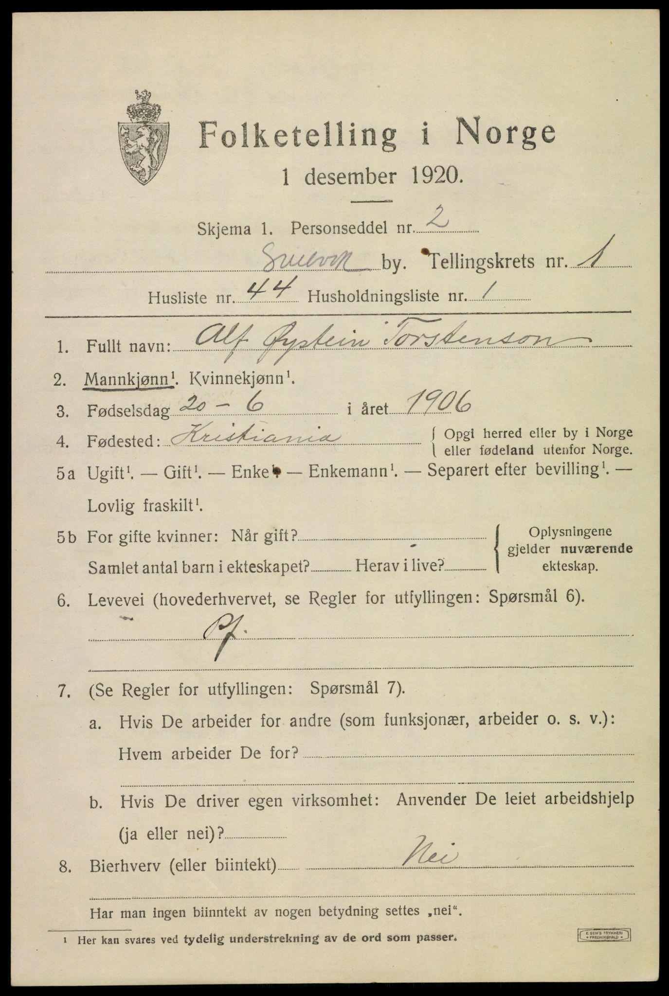 SAKO, 1920 census for Svelvik, 1920, p. 1649