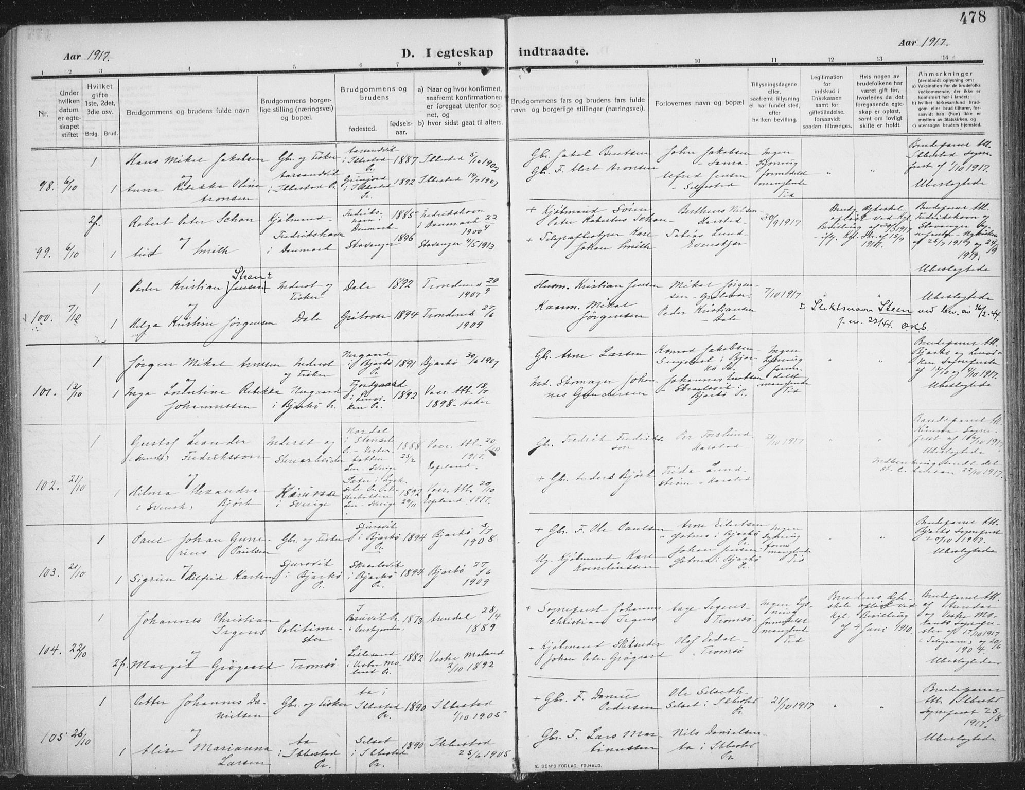 Trondenes sokneprestkontor, SATØ/S-1319/H/Ha/L0018kirke: Parish register (official) no. 18, 1909-1918, p. 478