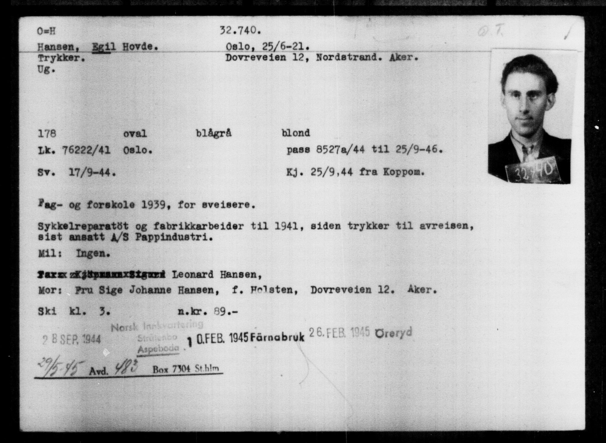 Utenriksstasjonene, Legasjonen i Stockholm, Flyktningkontoret, AV/RA-S-6753/V/Va/L0013: Kjesäterkartoteket, flyktninger med registreringsnr. 31500-34731, 1940-1945, p. 1303