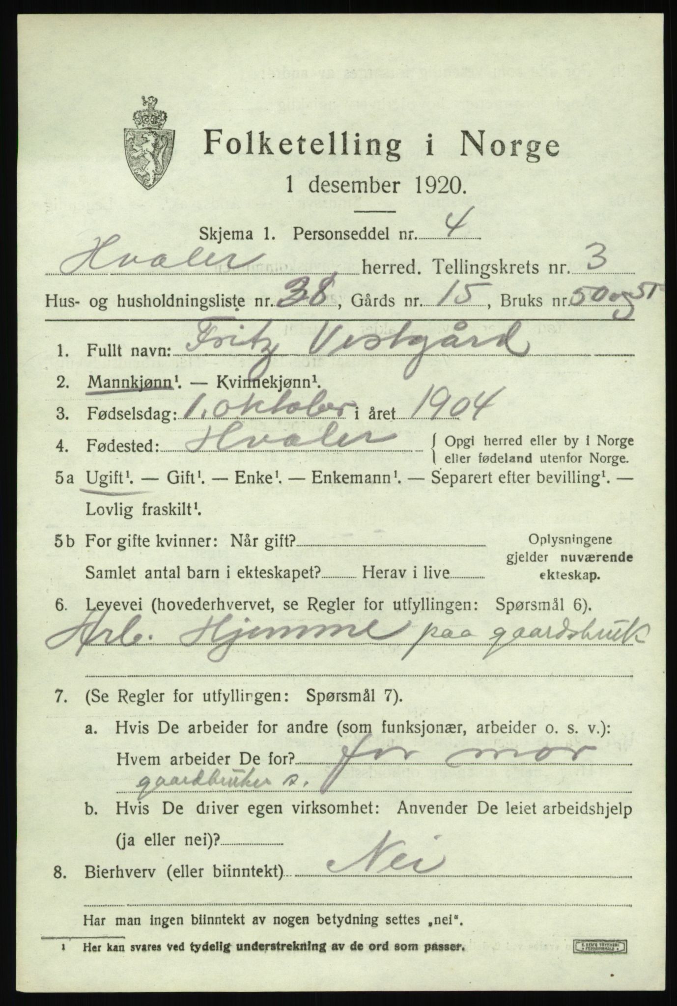 SAO, 1920 census for Hvaler, 1920, p. 4348