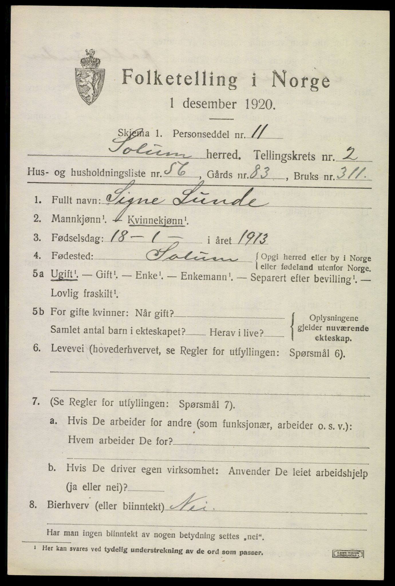 SAKO, 1920 census for Solum, 1920, p. 7676