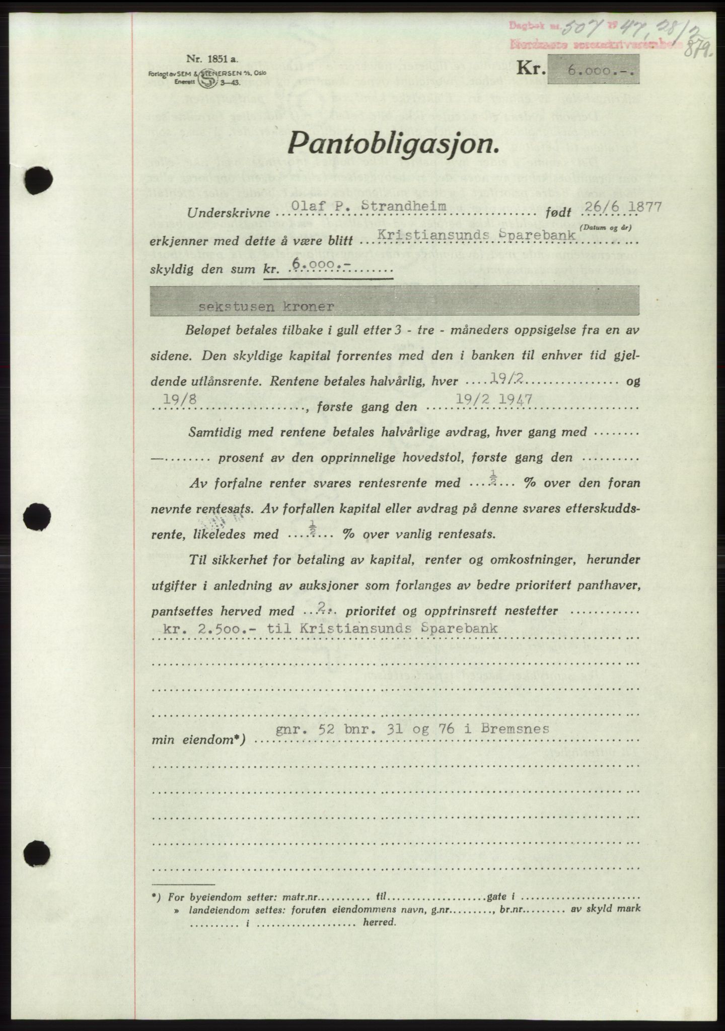 Nordmøre sorenskriveri, AV/SAT-A-4132/1/2/2Ca: Mortgage book no. B95, 1946-1947, Diary no: : 507/1947