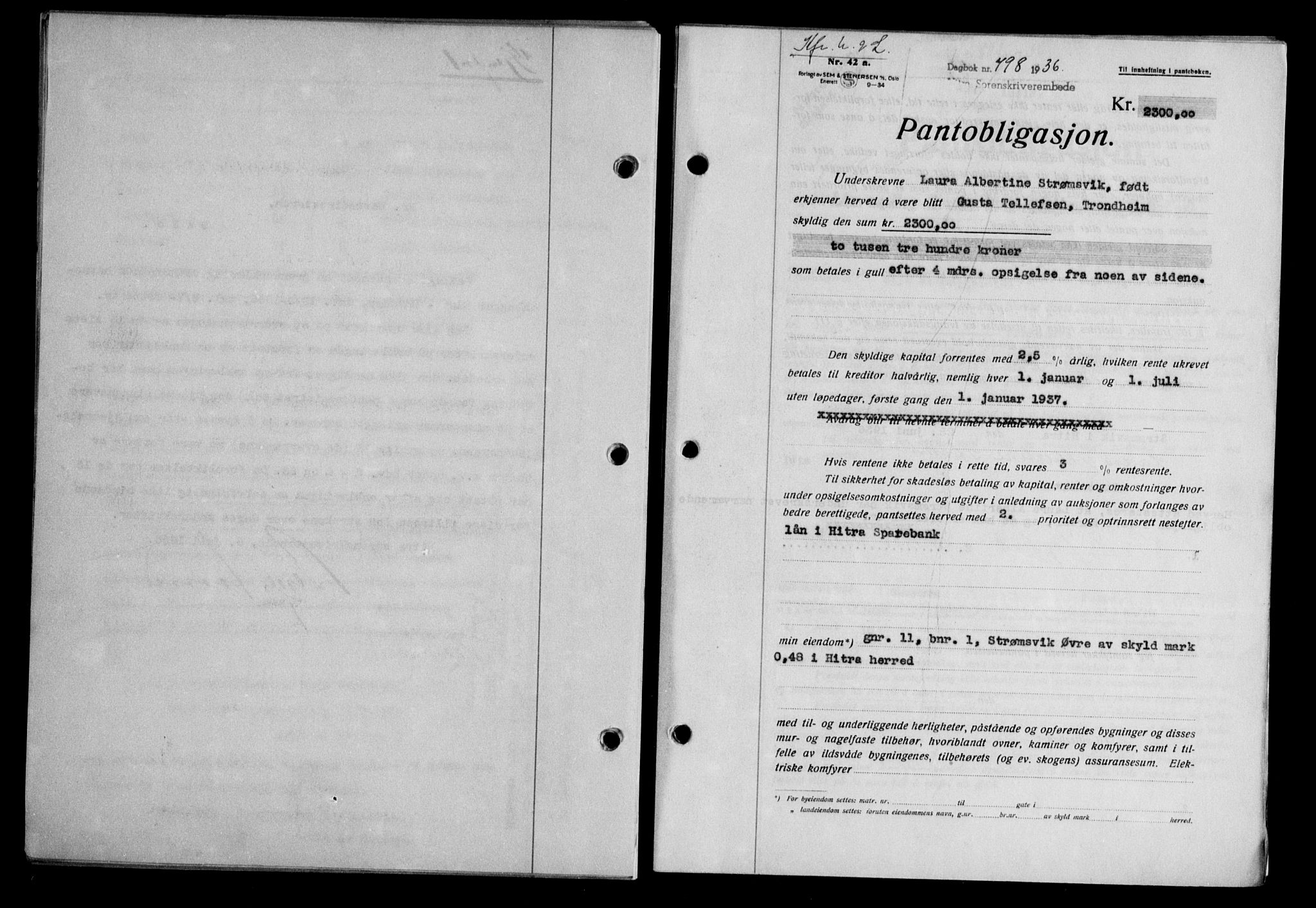 Hitra sorenskriveri, AV/SAT-A-0018/2/2C/2Ca/L0028: Mortgage book no. B-1, 1936-1939, Diary no: : 798/1936